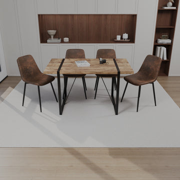 Mdf Dark Wood Dining Table And Modern Dining Chair 4 Piece Set, Medieval Wooden Kitchen Dining Table Set, Rectangular Metal Base, Dining Table And Suede Chair Wood Mdf