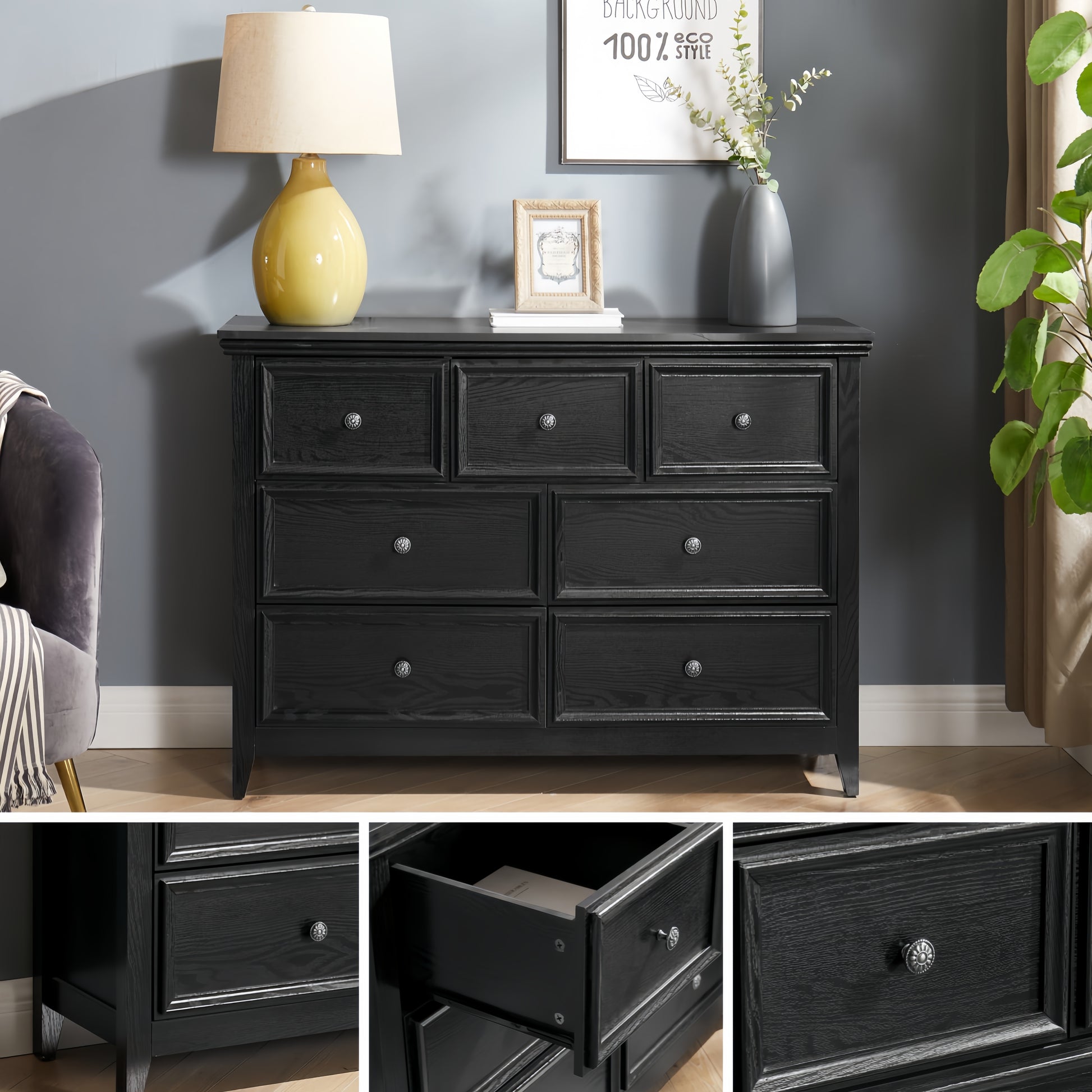 Modern 7 Drawers Dresser 7 Drawers Cabinet,Chest Of Drawers Closet Organizers And Storage Clothes Storage Drawers Cabinet For Living Room, Farmhouse Dresser Organizer Black Black Mdf