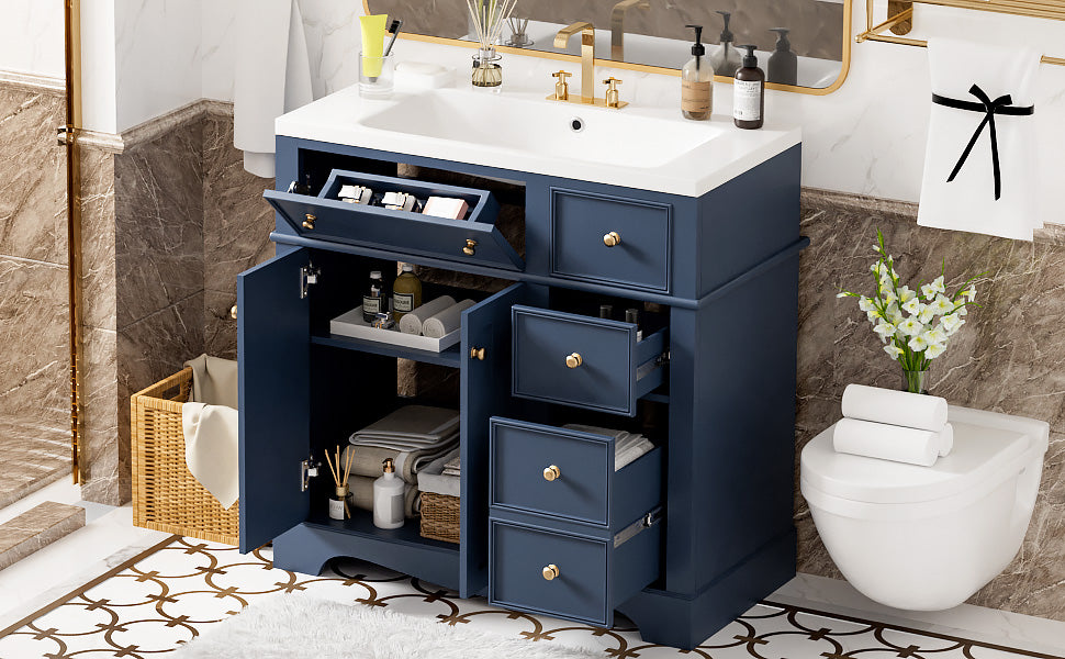 36'' Bathroom Vanity With Resin Sink Combo, Solid Wood Frame Bathroom Storage Cabinet, Freestanding Vanity Set With 3 Drawers& Adjustable Shelf Blue Bathroom Modern Solid Wood Mdf Resin