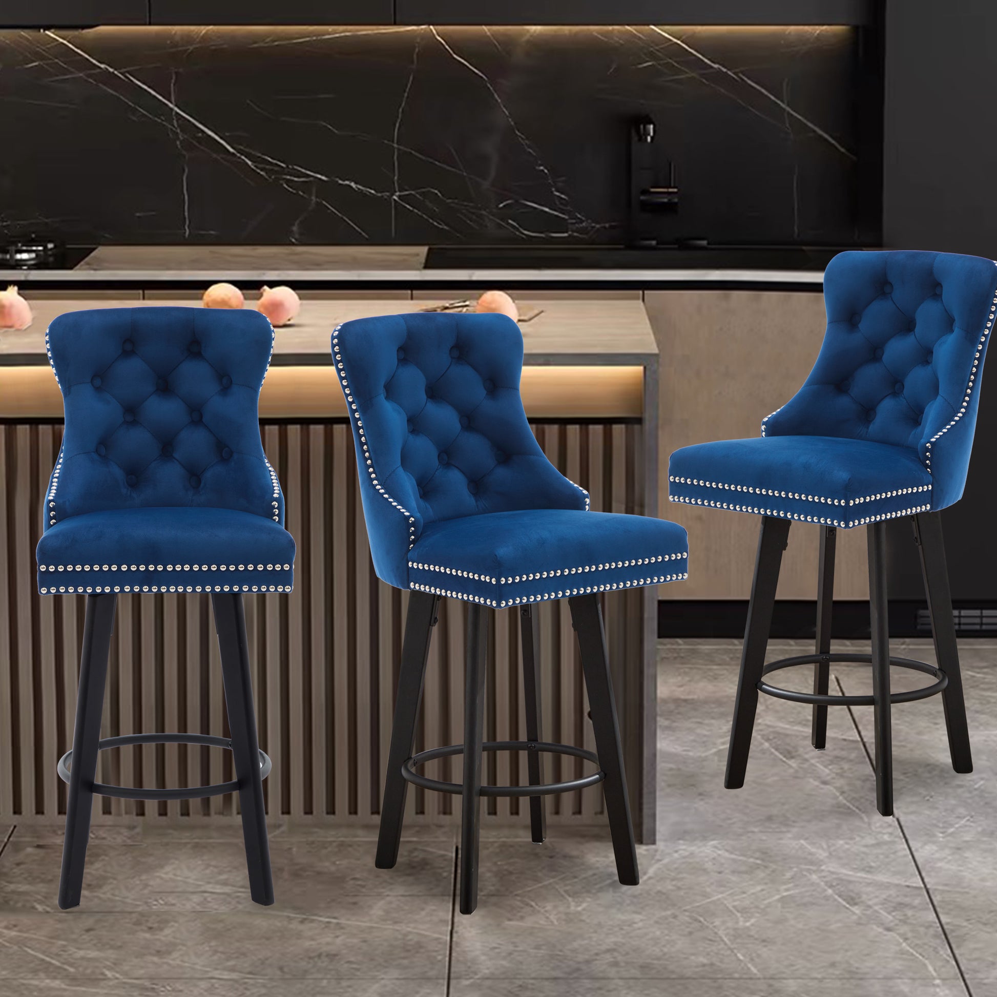 Modern Swivel Bar Stools Velvet Barstools Button Tufted Bar Stools Rivet Trim Bar Stools For Kitchen Island,Bistro, With Metal Pull Ring Sturdy Footrest Large Backrest For Home Bar 3 Navy Blue