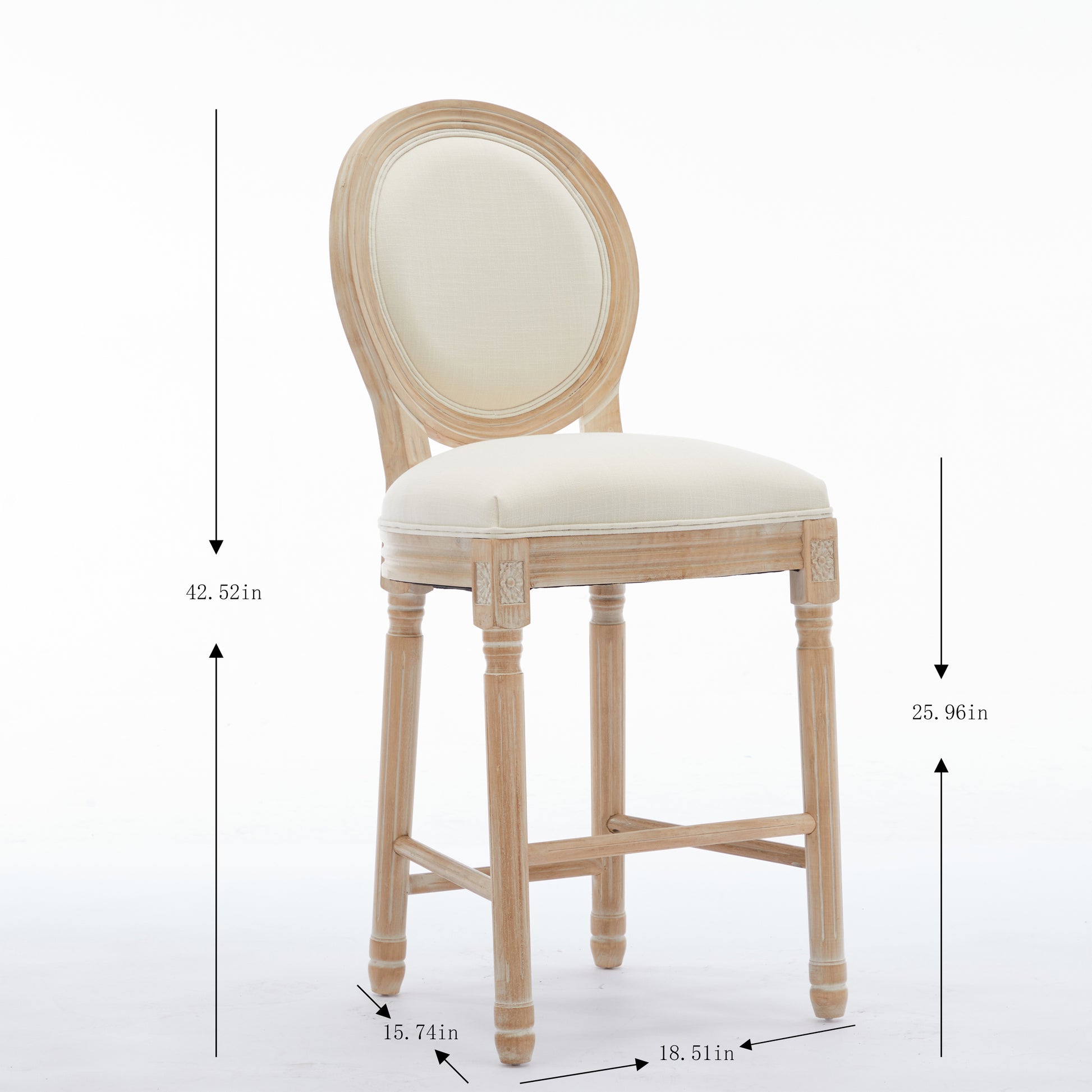 Solid Wood Bar Stools Set Of 2, Classic French Country Wooden Barstools With Upholstered Seating Beige Fabric Wood Fabric