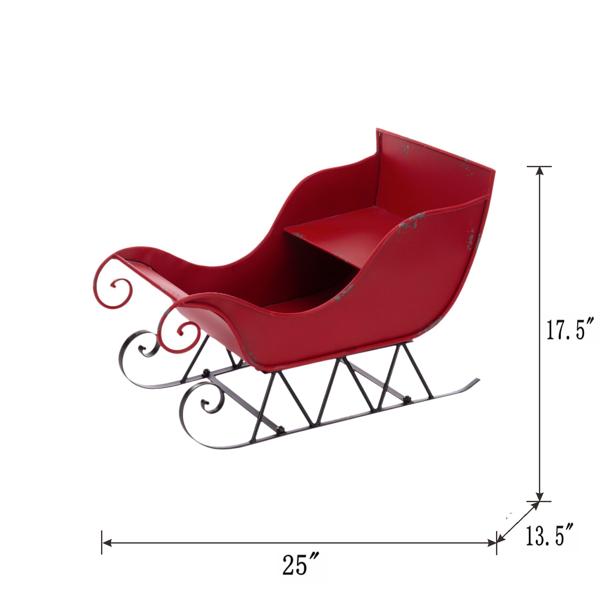 25X13.5X17.5"H Iron Red Black Sleigh Medium, Distressed Christmas Santa Sleigh Holiday Decoration Black Red Iron