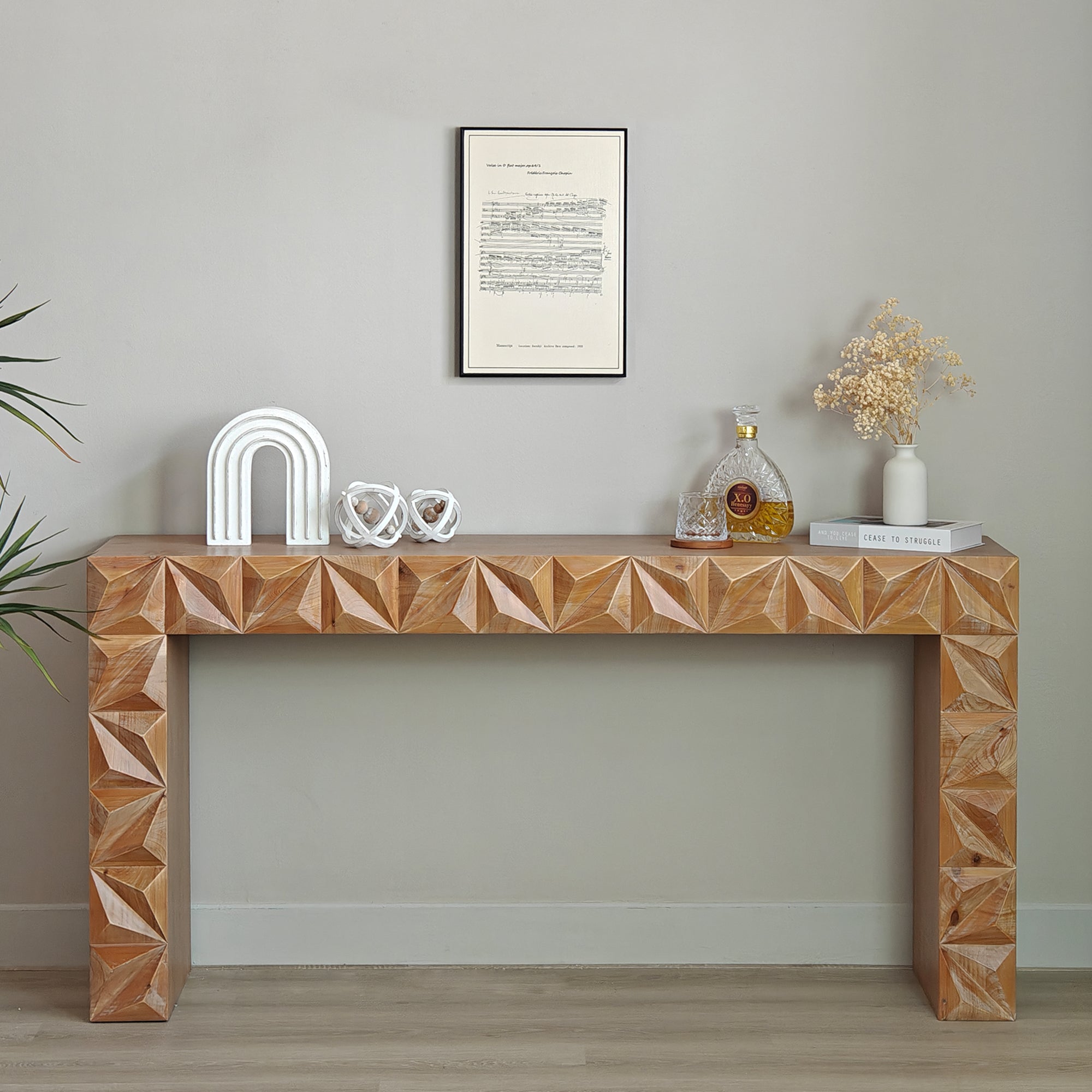 Modern Geometric Wooden Console Table Dark Brown Finish With Handcrafted 3D Design Antique Brown,Antique Natural,Dark Brown,Natural Wood,Natural Wood Brown Rectangular Rectangular Wood