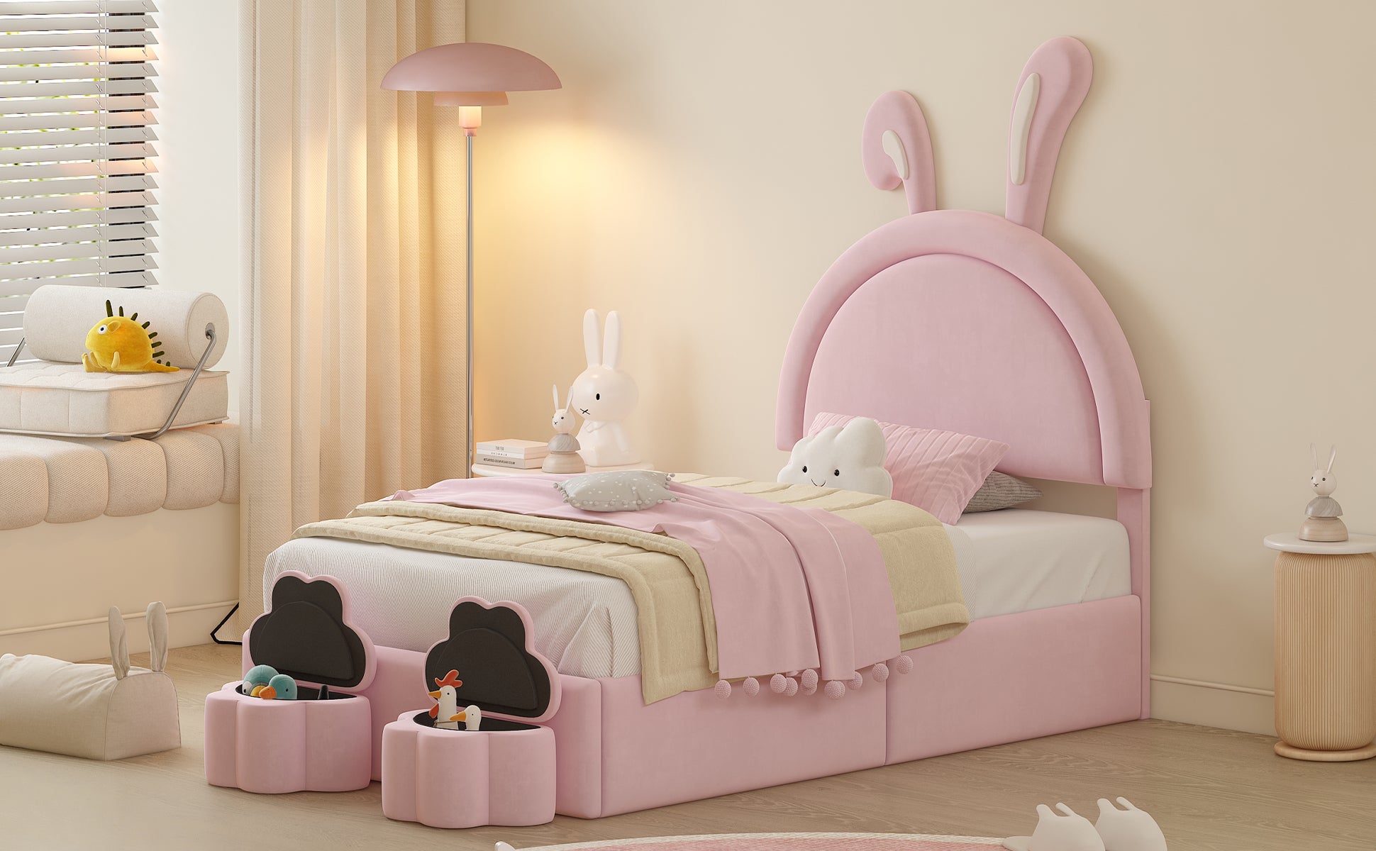 Twin Size Upholstered Rabbit Shape Bed With 2 Storage Stools, Velvet Platform Bed With Cartoon Ears Shaped Headboard, Pink Twin Pink Wood