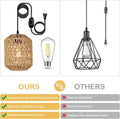 Plug In Pendant Light With Led Bulb, Rattan Hanging Lamp With 16Ft Dimmable Cord, Hand Woven Wicker Plug In Chandelier, Boho Hanging Lights Fixture With Plug In Cord For Bedroom Hallway Foyer Brown Rattan Metal