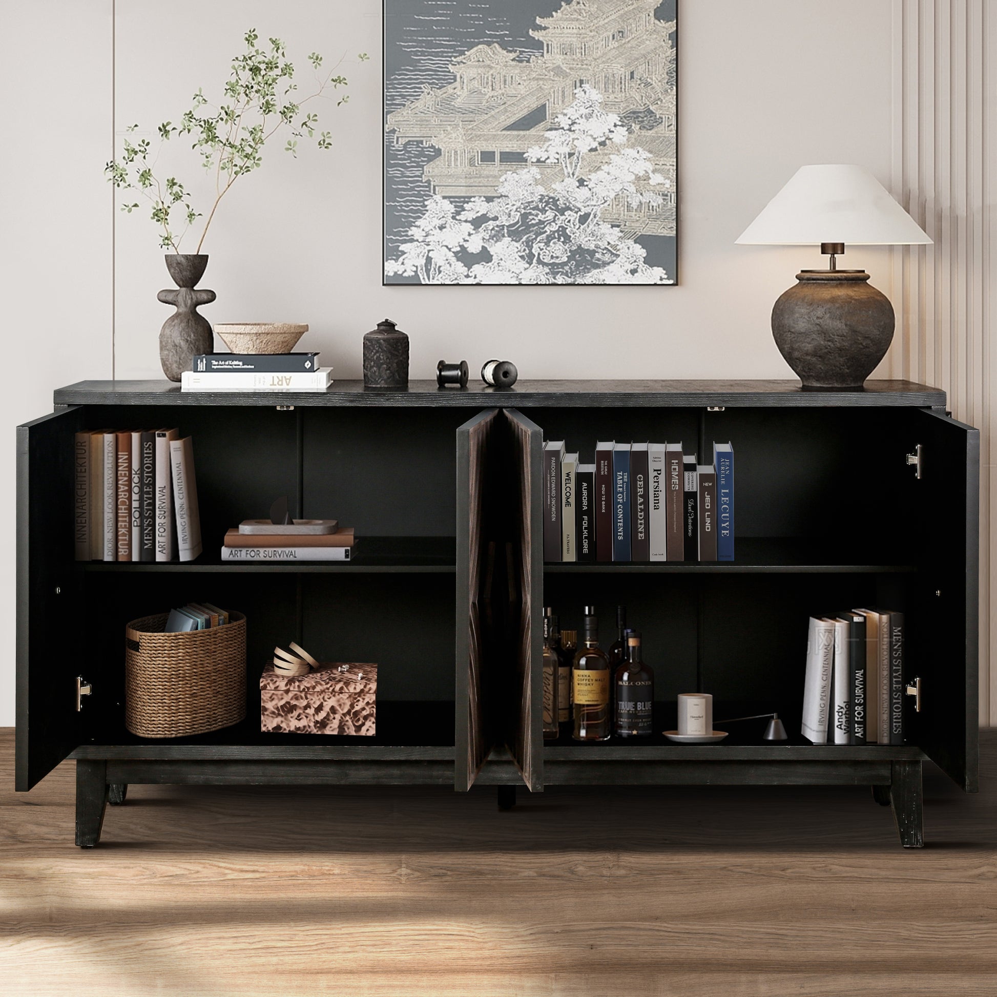 Mid Century Sideboard Buffet Cabinet With Solid Wood Legs 60" Kitchen Storage Cabinet Credenza With 4 Convex Pattern Diamond Doors And 2 Shelves Accent Console Table For Living Room Entrance Hall Etc Antique Antique Brown Light Brown Primary Living Space