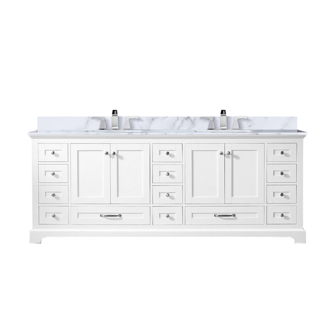White Double Bath Vanity 84 In. W X 22 In. D, Carrara Marble Top, And Faucet Set White Plywood Wood