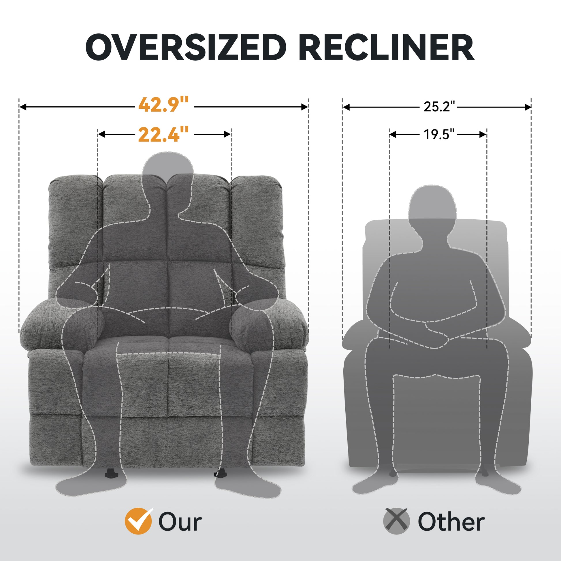 Oversize Rocker Recliner Chair For Adults, Extra Wide Rocking Recliner Chair Manual Recliner, Bid Man Recliners, Limestone Grey Brown Wood Primary Living Space Heavy Duty Handle Acacia Grey Chenille Manual Handle Soft Cushion Back American Design,Modern