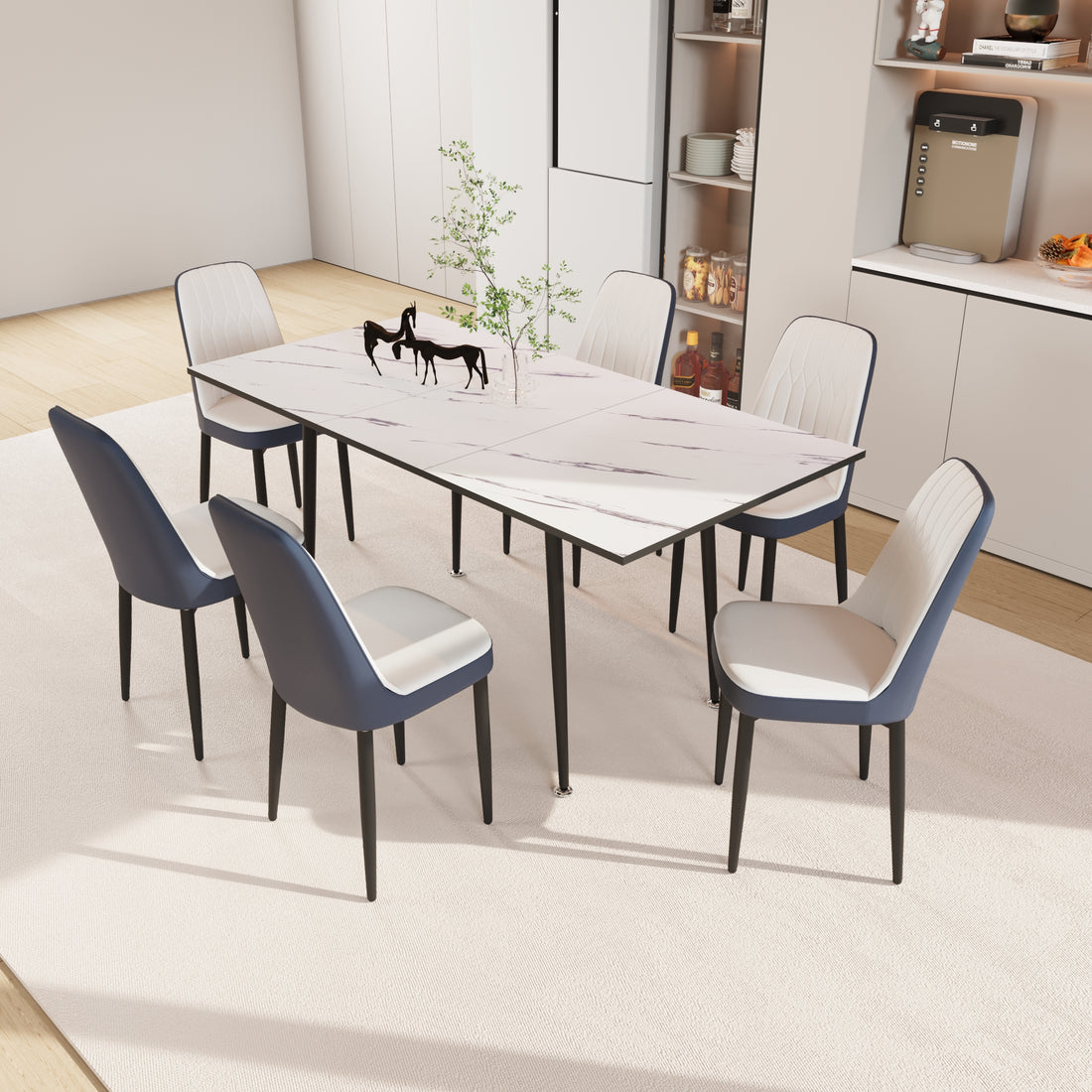 An Expandable Dining Table Set For 2 6 People, Equipped With Pu Fabric Thick Cushioned Dining Chairs And An Elegant And Spacious Dining Tablekitchen Table And Chair Set, With Black Metal Legs Black