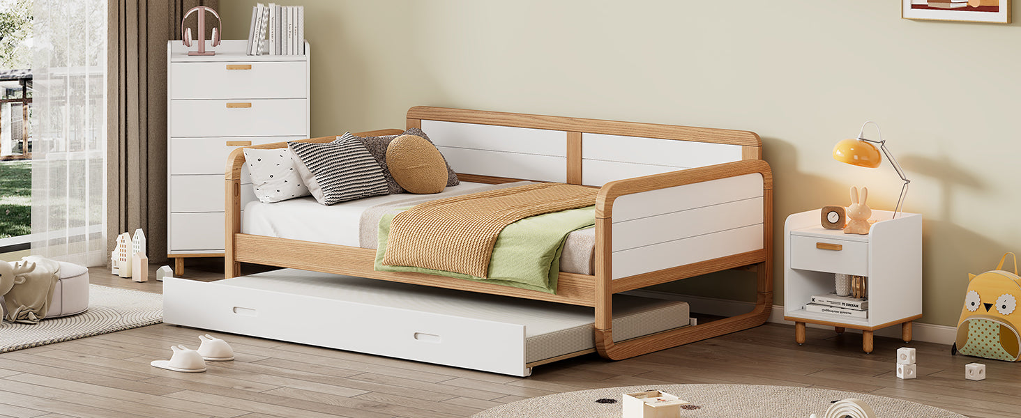 Twin Size Solid Wood Daybed With Trundle For Limited Space Kids, Teens, Adults, No Need Box Spring, Walnut And White Box Spring Not Required Twin White Walnut Wood Bedroom Modern Pine Daybeds Wood