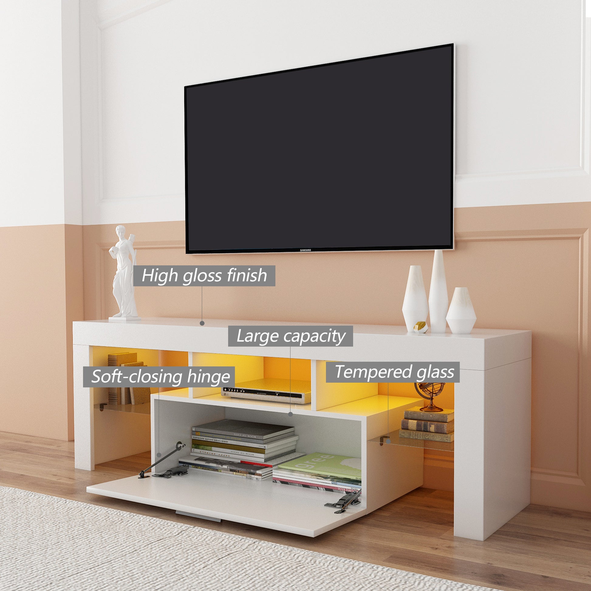 Fashiontvstandtvcabinet,Entertainmentcenter,Tvstationtv Console,Media Console,With Ledlight Belt,Light Belt Remote Control,Toughenedglassshelf,Metal Handle,Canbeplaced In The Living Room,Bedroom,White White Primary Living Space 50 59 Inches 50 59 Inches