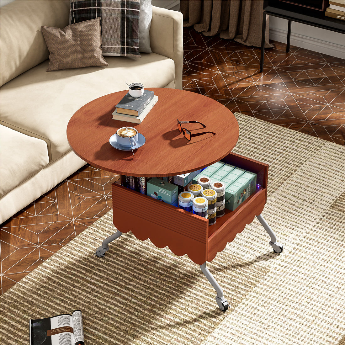 Round Lift Top Coffee Table With Wheels, Metal Frame And Multi Color Lighting In 27.6" Mahogany Glass,Mdf Metal