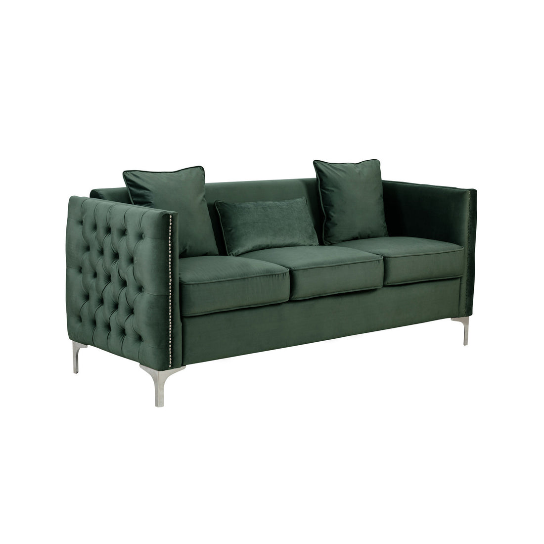 Zion 73 Inch Modern Accent Sofa, Deep Button Tufted Sides, Green Velvet Green Wood Fabric 3 Seat