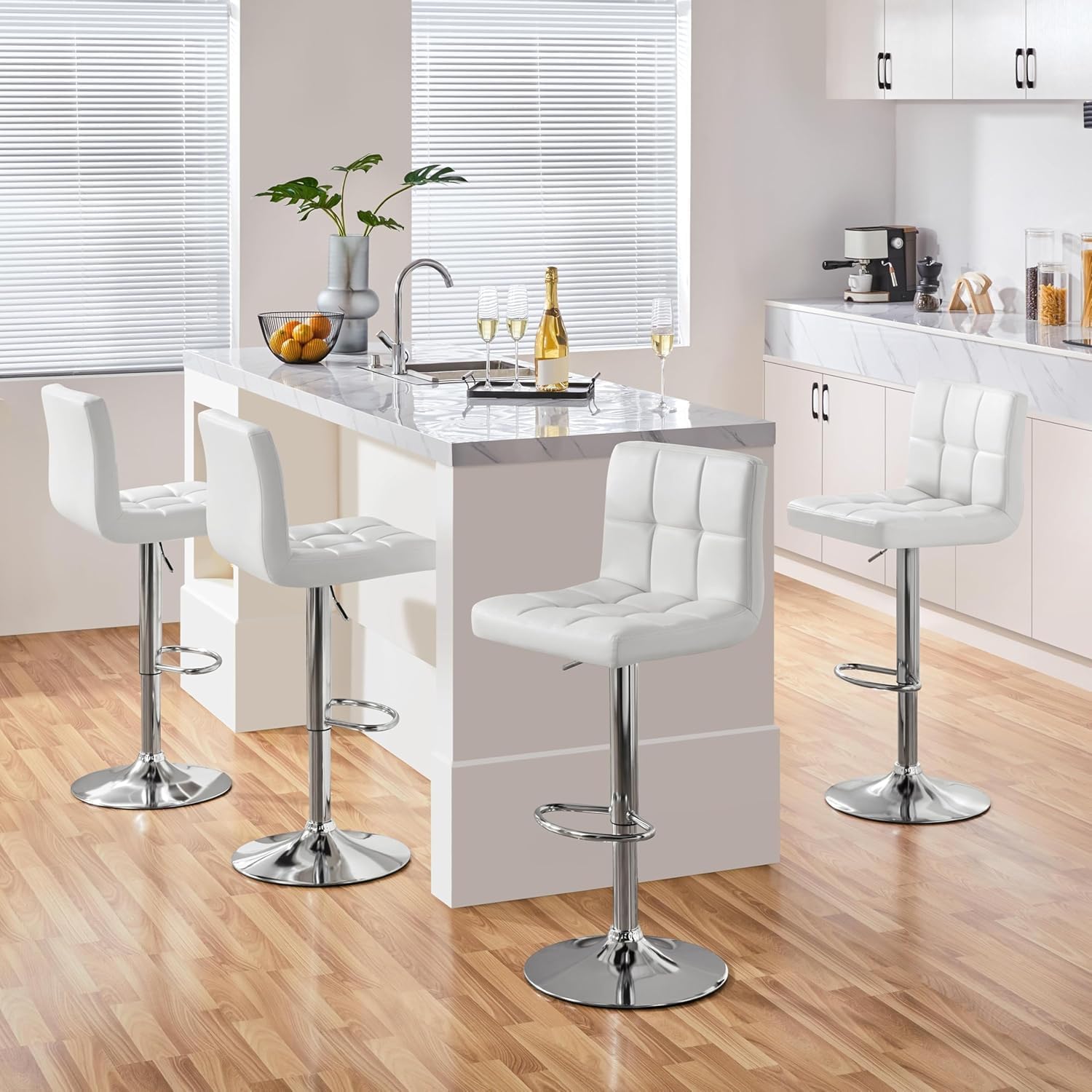 Bar Stools Set Of 2, Armless Hydraulic Kitchen Height Counter Bar Stools, Pu Leather Adjustable Swivel Barstools, Thickened Square Seat Cushion Barstool With Back, White White Metal