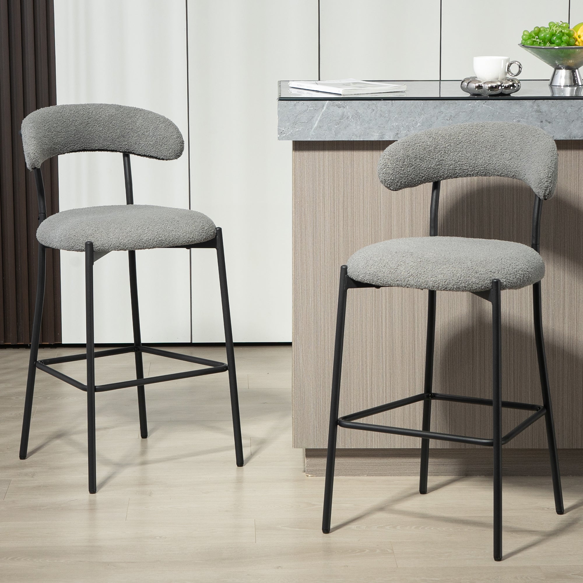 26'' Counter Height Bar Stools Teddy Fabric Cover Kitchen Island Counter Bar Stool With Black Powder Coating Base And Footrest Grey Cushion Metal Grey Kitchen Foam Modern Bar Stools Open Back 1 Foam Teddy