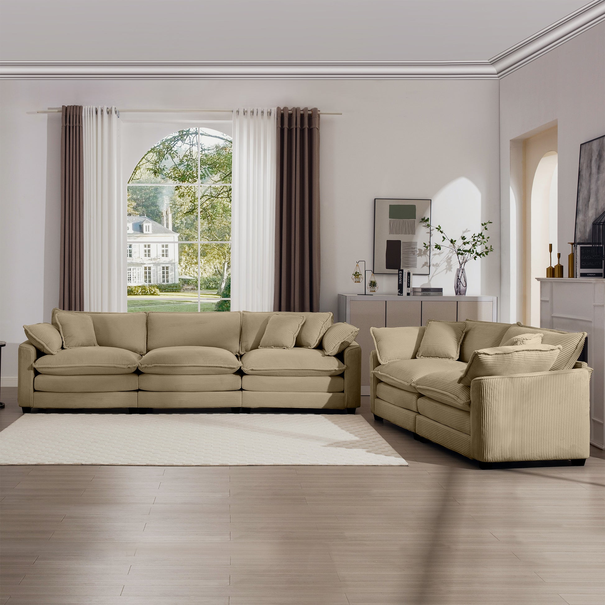 Modern Fabric Living Room Sofa Two Piece Set, Two 2 Seater Sofas With 8 Cushion Upholstery Large Deep Seat Recliner, Tan Corduroy Fabric Tan Corduroy 5 Seat