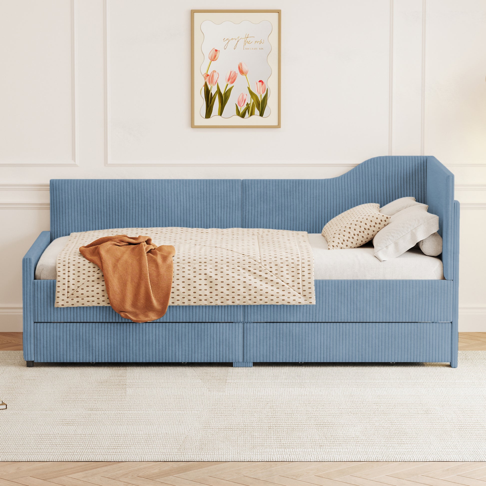 Twin Size L Shaped Corduroy Daybed,Upholstered Bed Frame With 2 Storage Drawers,Blue Twin Blue Wood Fabric