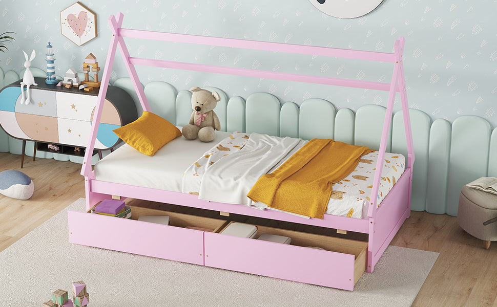 Twin Size House Platform Bed With Two Drawers,Headboard And Footboard, Pink Twin Pink Pine