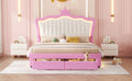 Full Size Upholstered Bed Frame With Led Lights, Modern Upholstered Princess Bed With Crown Headboard, 2 Drawers, Pink White Box Spring Not Required Full Pink White Wood Bathroom Modern Bed Frame Pu