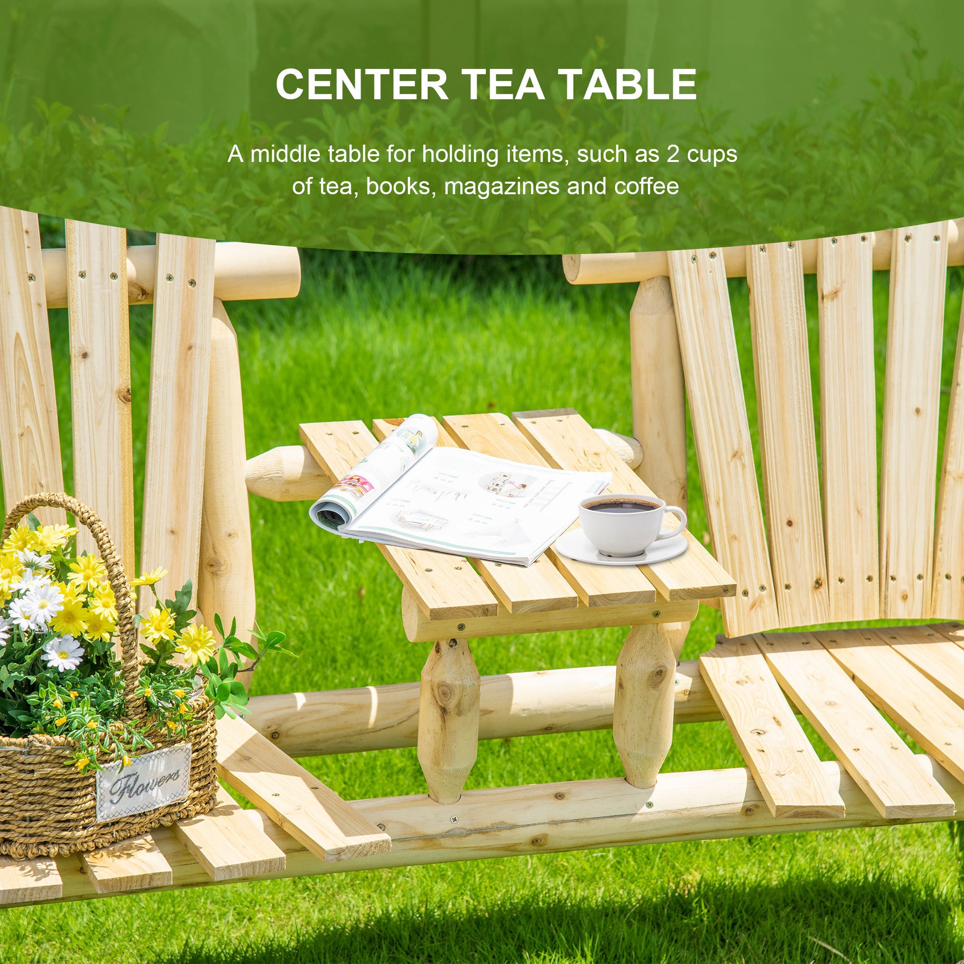 Outsunny 2 Seat Wooden Adirondack Chair, Patio Bench With Table, Outdoor Loveseat Fire Pit Chair For Porch, Backyard, Deck, Natural Natural Wood