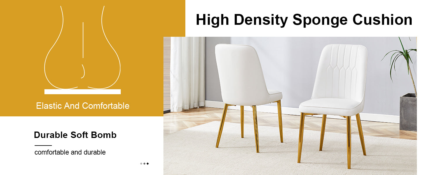 2 Modern Dining Chairs, Sleek Pu Leather Backrest, And Gold Metal Legs Bring A Comfortable Home Experience To The Kitchen, Bedroom, And Office. White Pu