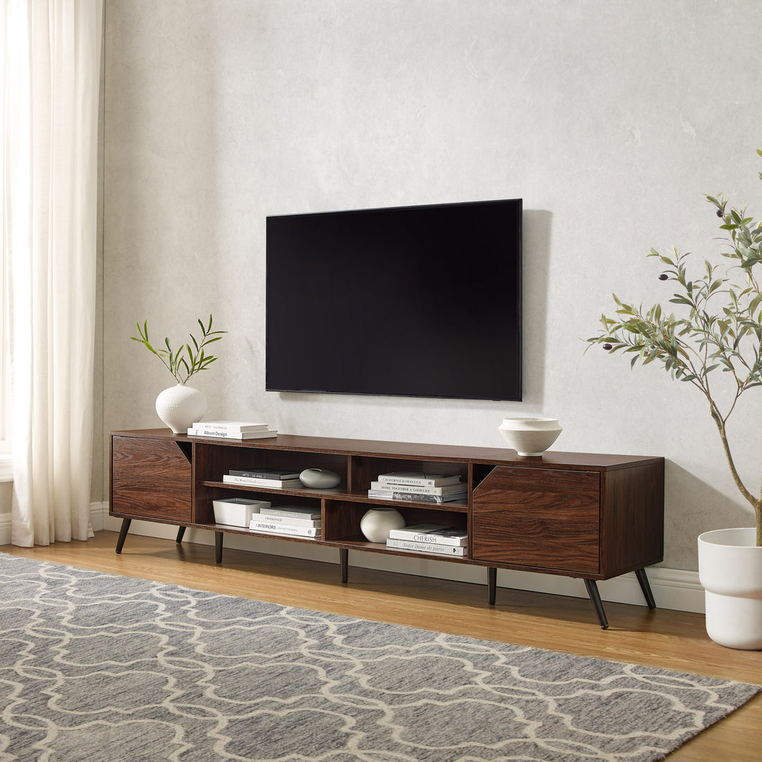 Contemporary 2 Door Minimalist Tv Stand For Tvs Up To 90 Inches Dark Walnut Dark Brown 90 Inches Or Larger Mdf Mdf