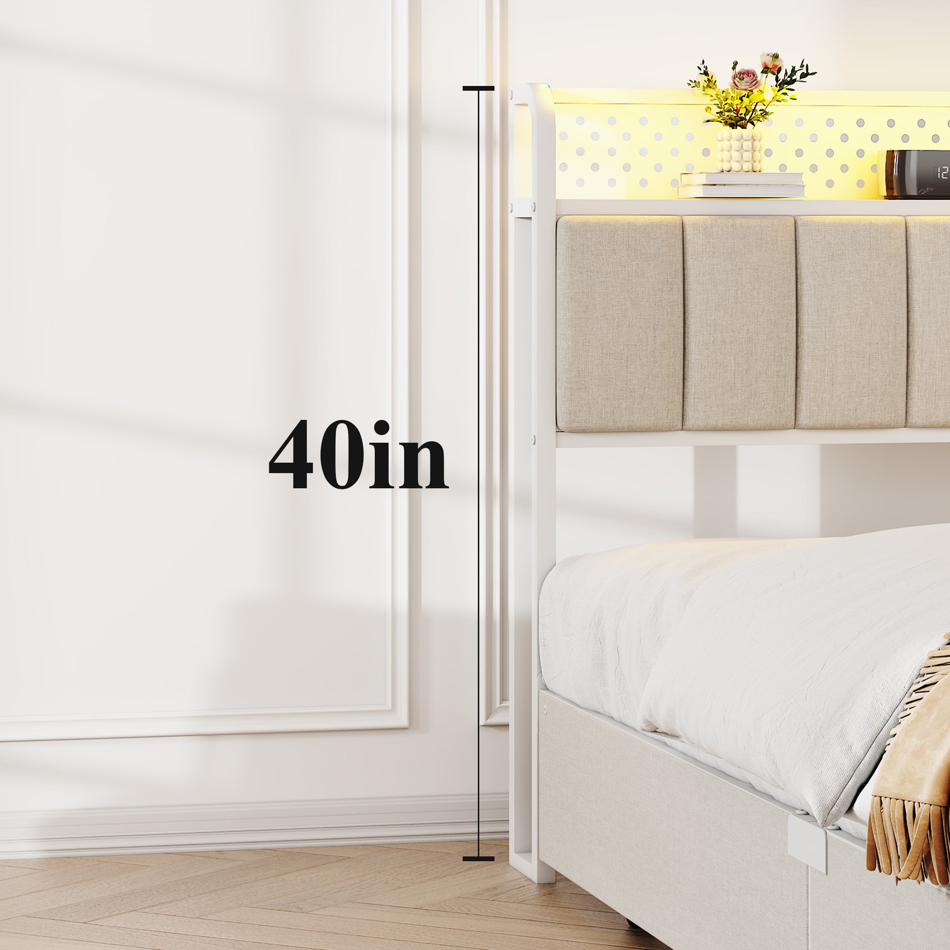 Full Size Platform Bed With 4 Drawers, Metal Bed Frame With Led Lights And Charging Station, No Box Spring Needed, Beige , Noise Free,Easy Assemble. Box Spring Not Required Full Beige Metal Bedroom Bed Frame Linen Mdf Metal