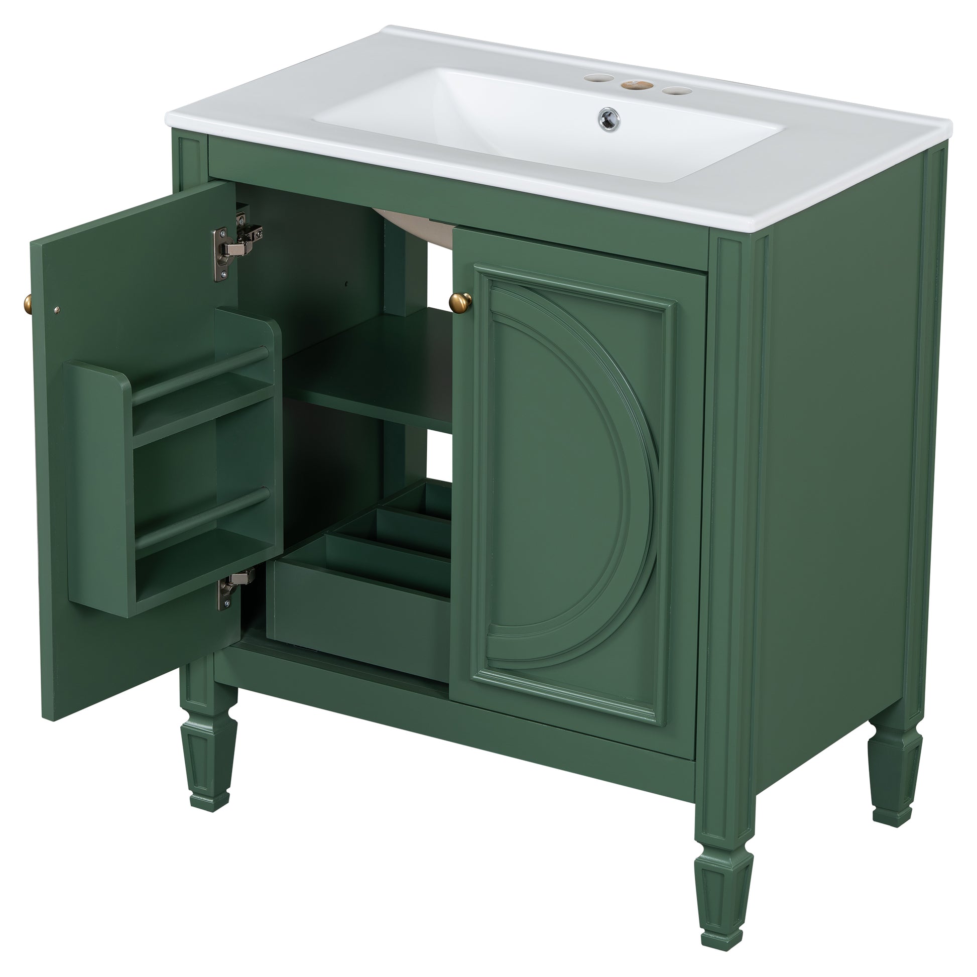 30" Bathroom Vanity With Sink, Two Doors With Shelf, Soft Close Door Hinges, Vintage Style, Green Green Ceramic Mdf,Rubber Wood