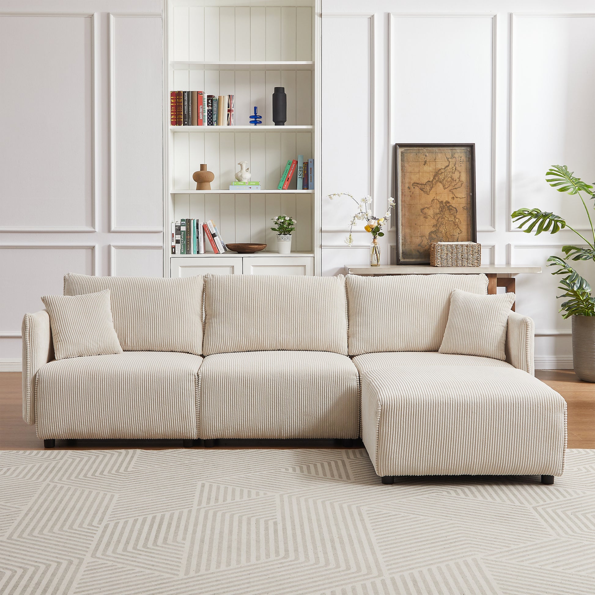 106" Multi Module Combination Style Sofa For Living Room, Bedroom And Other Lounge Spaces, Modern Minimalist Corduroy Combination Sofa With 2 Comfort Cushions With Usb & C Charging Ports,Beige Beige Foam Fabric 4 Seat
