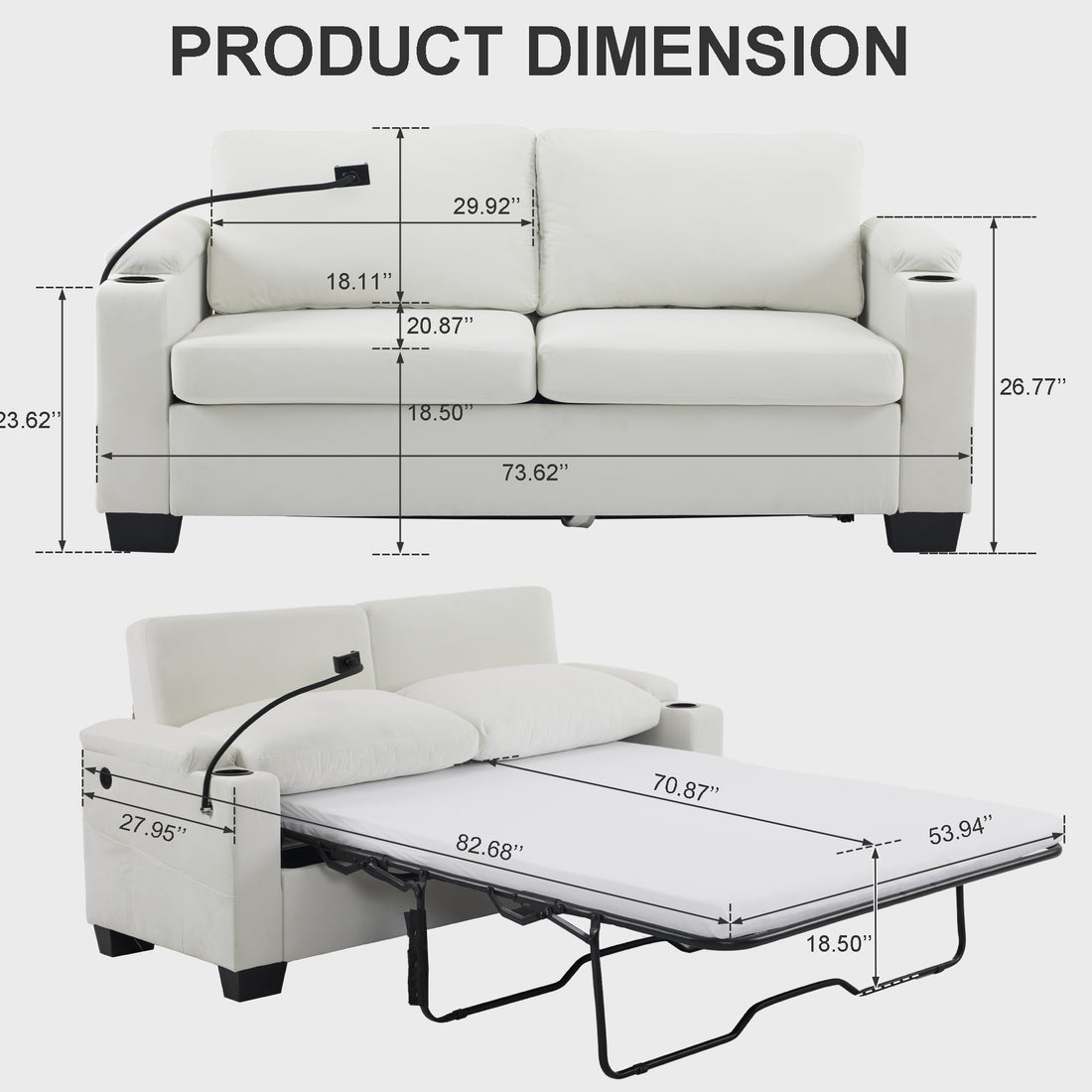 73.63*27.95 Pull Out Sofa Bed, Chenille Material, Pull Out Queen Sofa Bed With Memory Foam Mattress, For Living Room, Bedroom, Office, Apartment, White White Minimalist Chenille,Metal & Wood