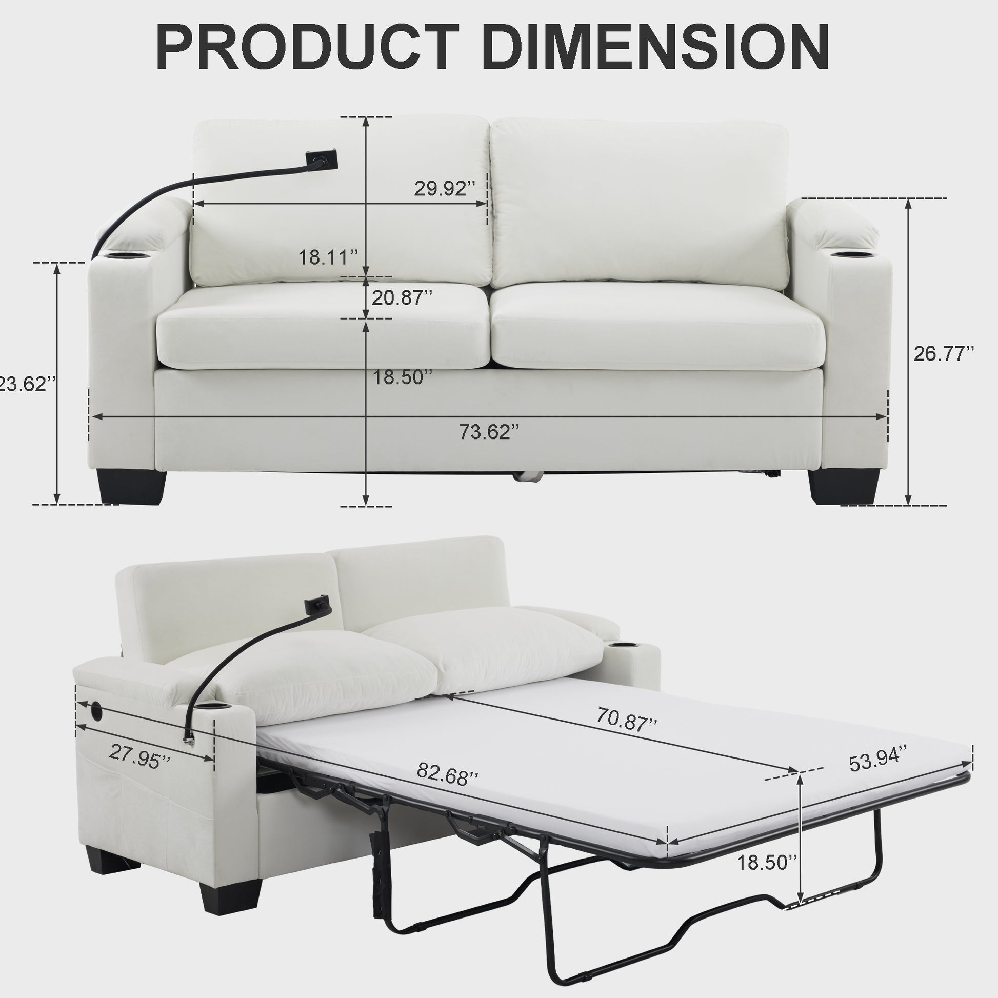 73.63*27.95 Pull Out Sofa Bed, Chenille Material, Pull Out Queen Sofa Bed With Memory Foam Mattress, For Living Room, Bedroom, Office, Apartment, White White Minimalist Chenille,Metal & Wood