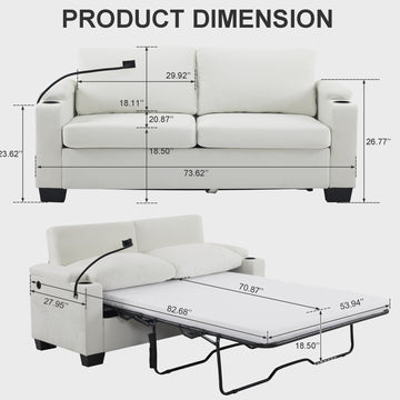 73.63*27.95 Pull Out Sofa Bed, Chenille Material, Pull Out Queen Sofa Bed With Memory Foam Mattress, For Living Room, Bedroom, Office, Apartment, White White Minimalist Chenille,Metal & Wood