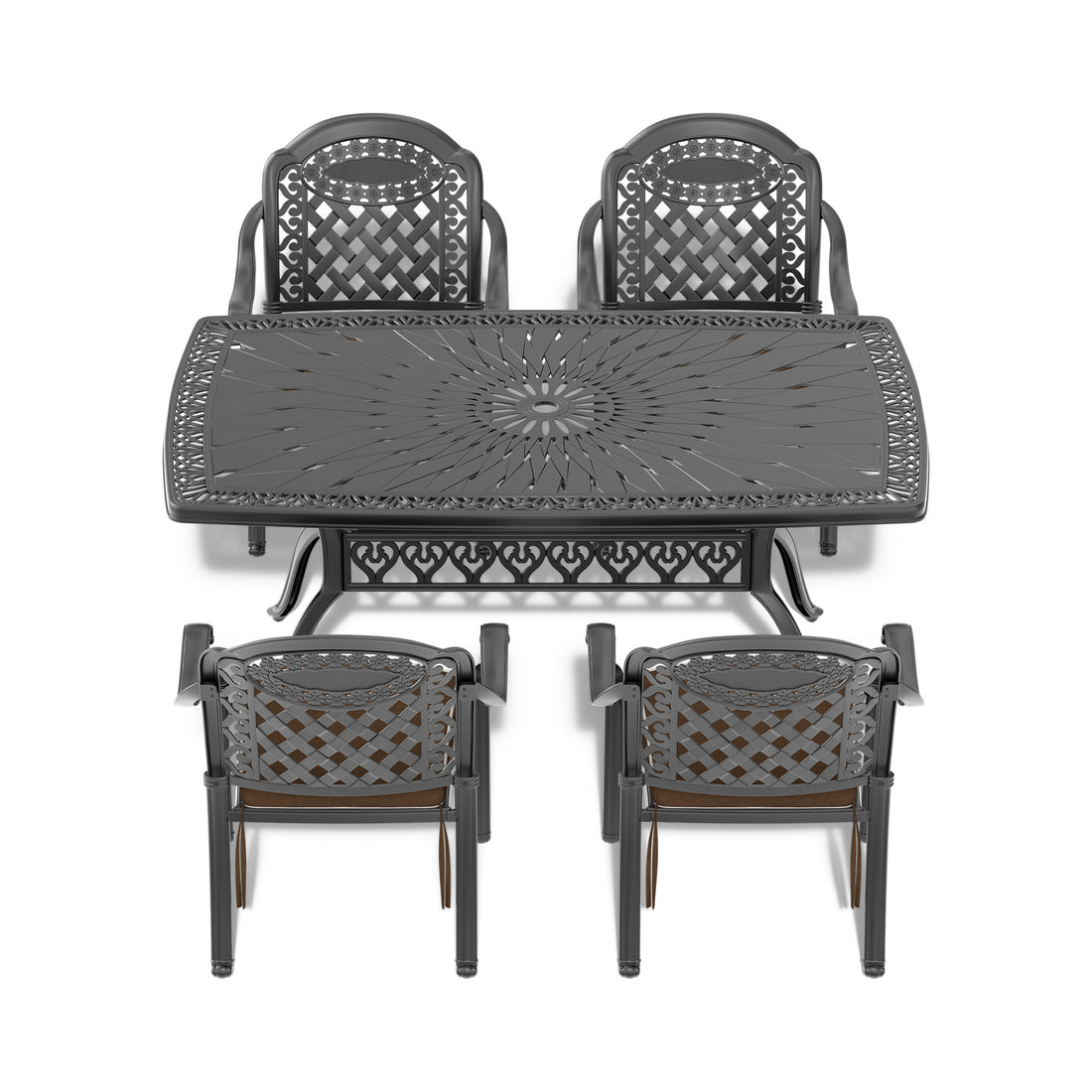 Cushions In Random Colors 5 Piece Set Of Cast Aluminum Patio Furniture With Cushions Yes Dining Set Black Seats 4 Rust Resistant Frame Water Resistant Cushion Garden & Outdoor Complete Patio Sets Aluminium