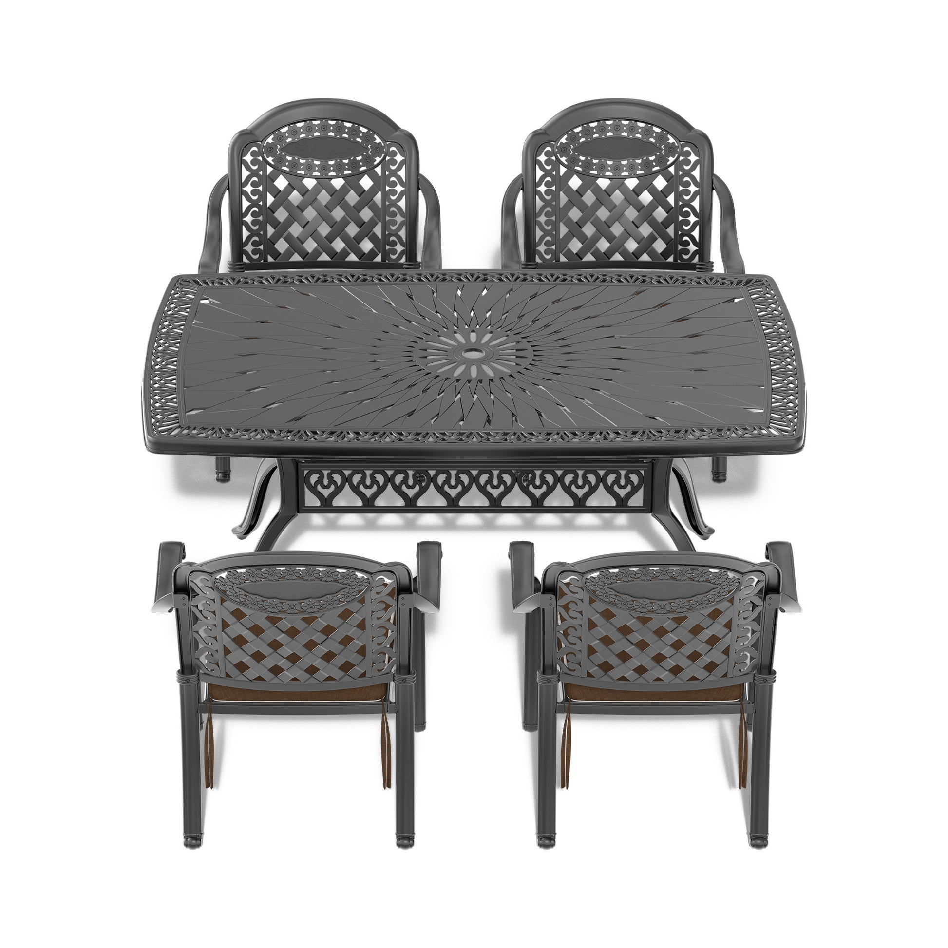 Cushions In Random Colors 5 Piece Set Of Cast Aluminum Patio Furniture With Cushions Yes Dining Set Black Seats 4 Rust Resistant Frame Water Resistant Cushion Garden & Outdoor Complete Patio Sets Aluminium