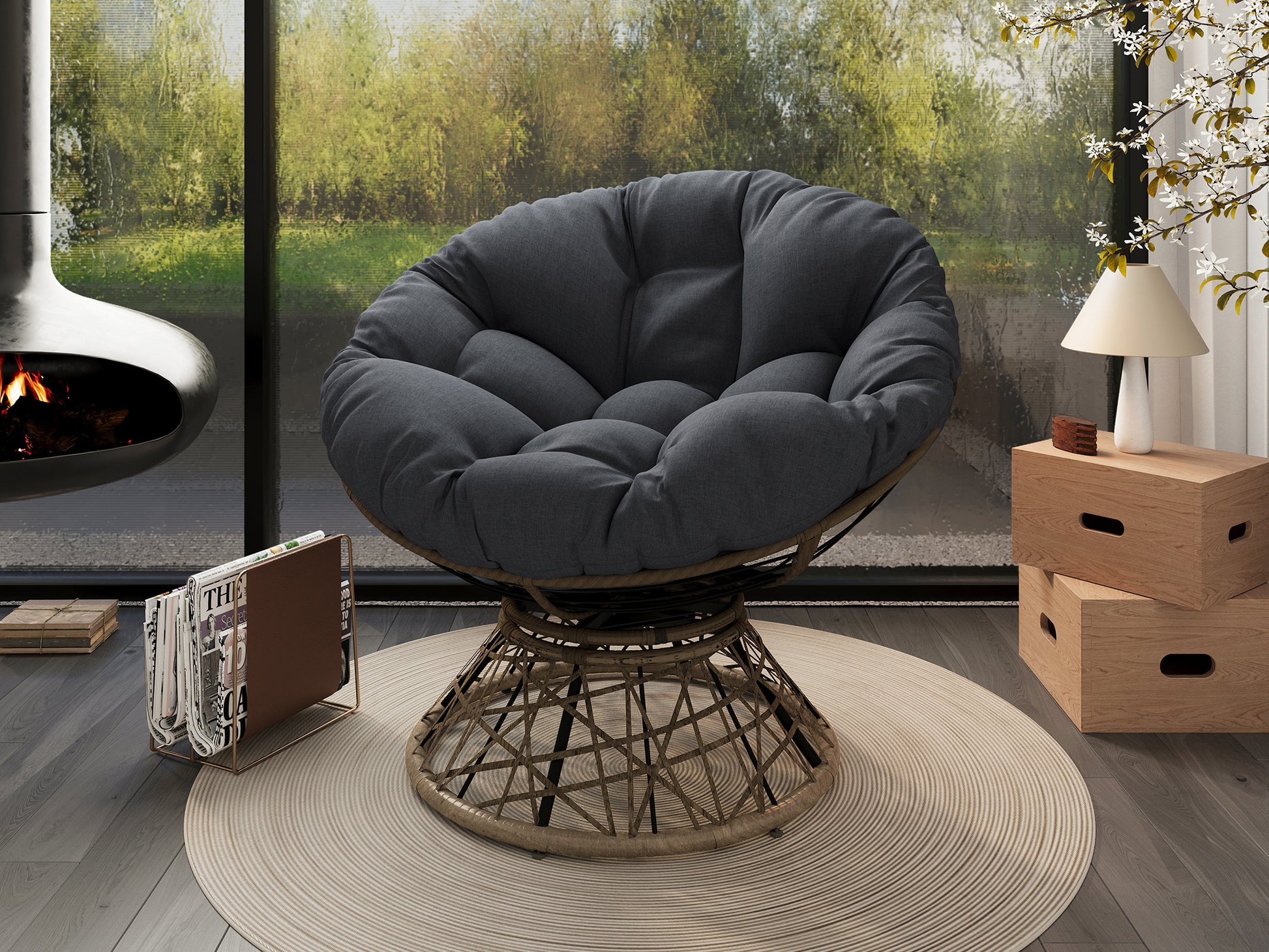 40" Ergonomic Wicker Chair With Cloud Thick Density Fabric Cushion,3 Proof Cover,High Capacity Iron Frame,Fluid 360 Degree Swivel For Reading,Living Room, Bedroom,Lounge,Brown Base,2 Colors