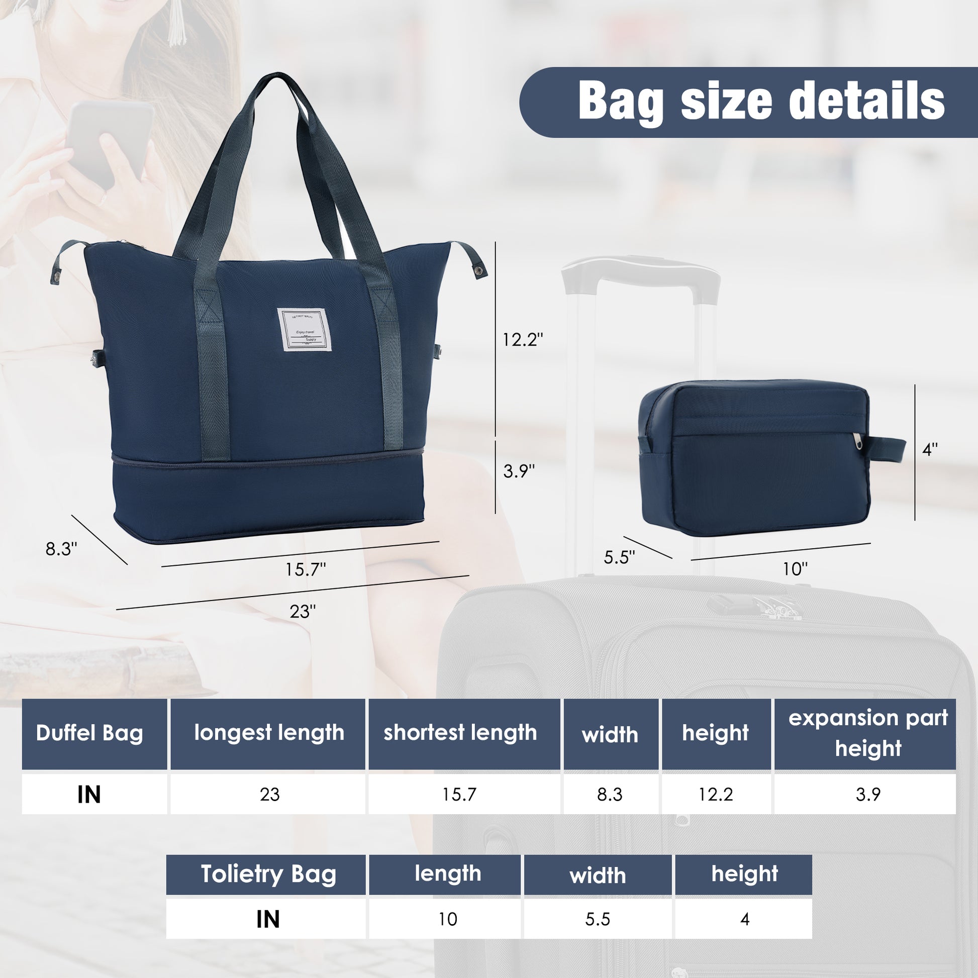 Softside Luggage Expandable 3 Piece Set Suitcase With Duffel Bag Upright Spinner Softshell Lightweight Luggage Travel Set Dark Blue Polyester