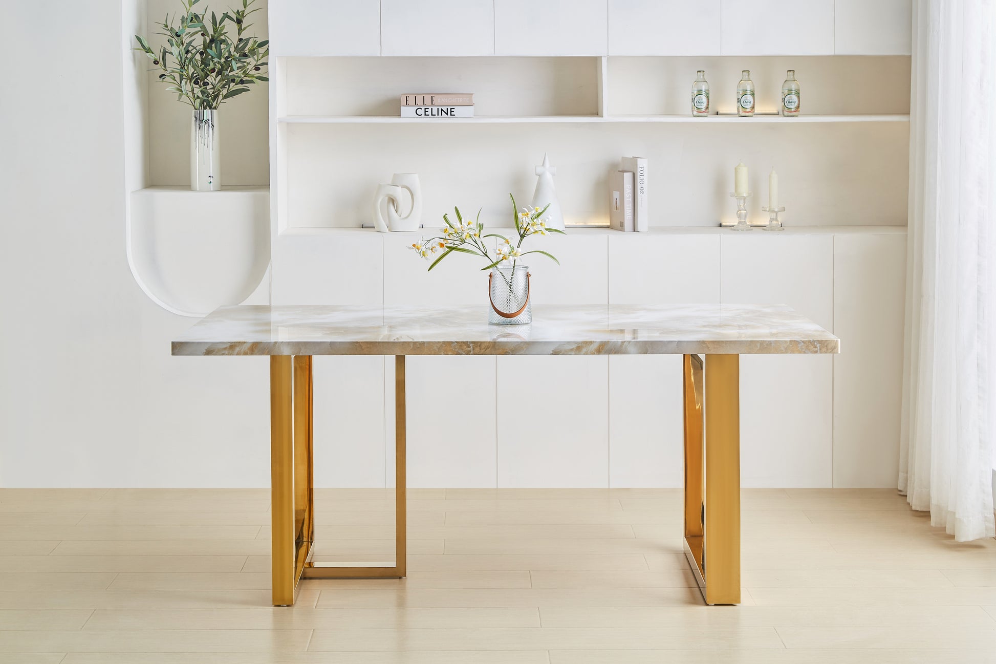 Luxurious Faux Marble Mdf Dinning Table For 6 Or 8, Rectangular 70.9"L*35.4"W*29.8"H, Thick And Solid Stainless Steel Legs, Durable Sturdy, Easy To Assemble, For Kitchen Living Room Office, White White Gold Ergonomic Kitchen