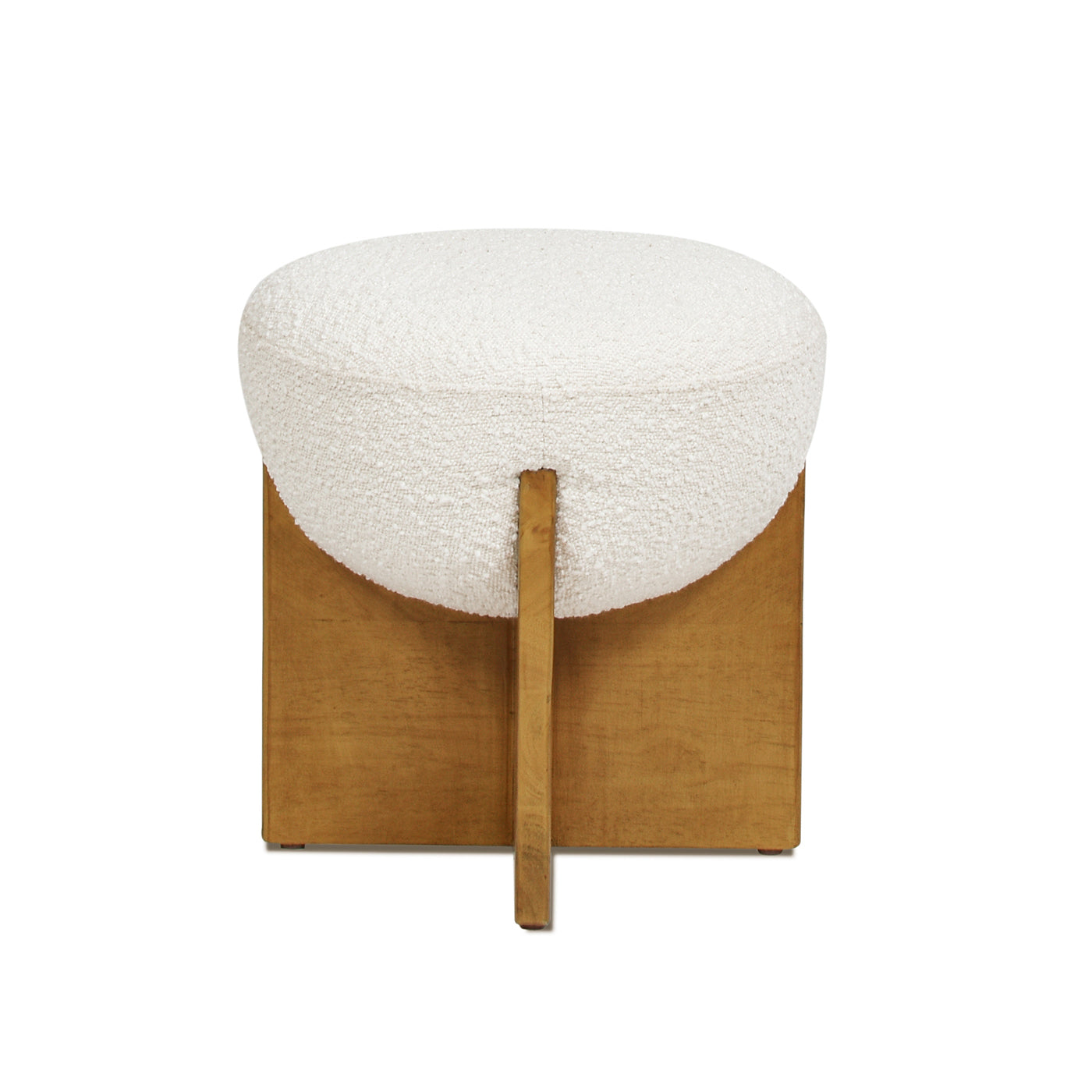 Bali 18.5" Round Upholstered Ottoman With Natural Wood Base, Ivory White Boucle White Foam Boucle