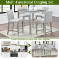 5 Piece Counter Height Table Set, Wooden Kitchen Table Set With Square Table And 4 Upholstered Chairs, Counter Height Dining Table With Crystal Decoration And Chair Set, Silver Grey Beige Silver Gray Seats 4 Dining Room 4 Leg Square Dining Table With