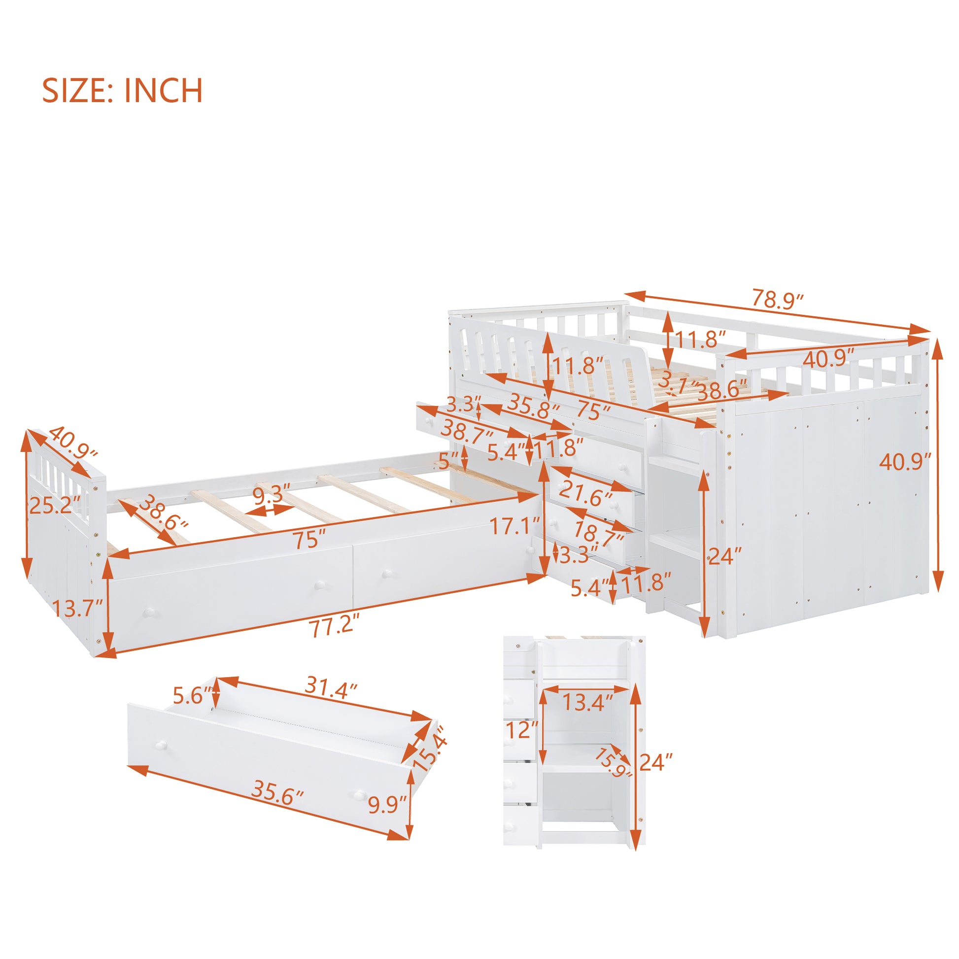 L Shaped Space Saving Twin Loft And Twin Platform Bed With 7 Drawers And Full Guardrails White Twin White Solid Wood
