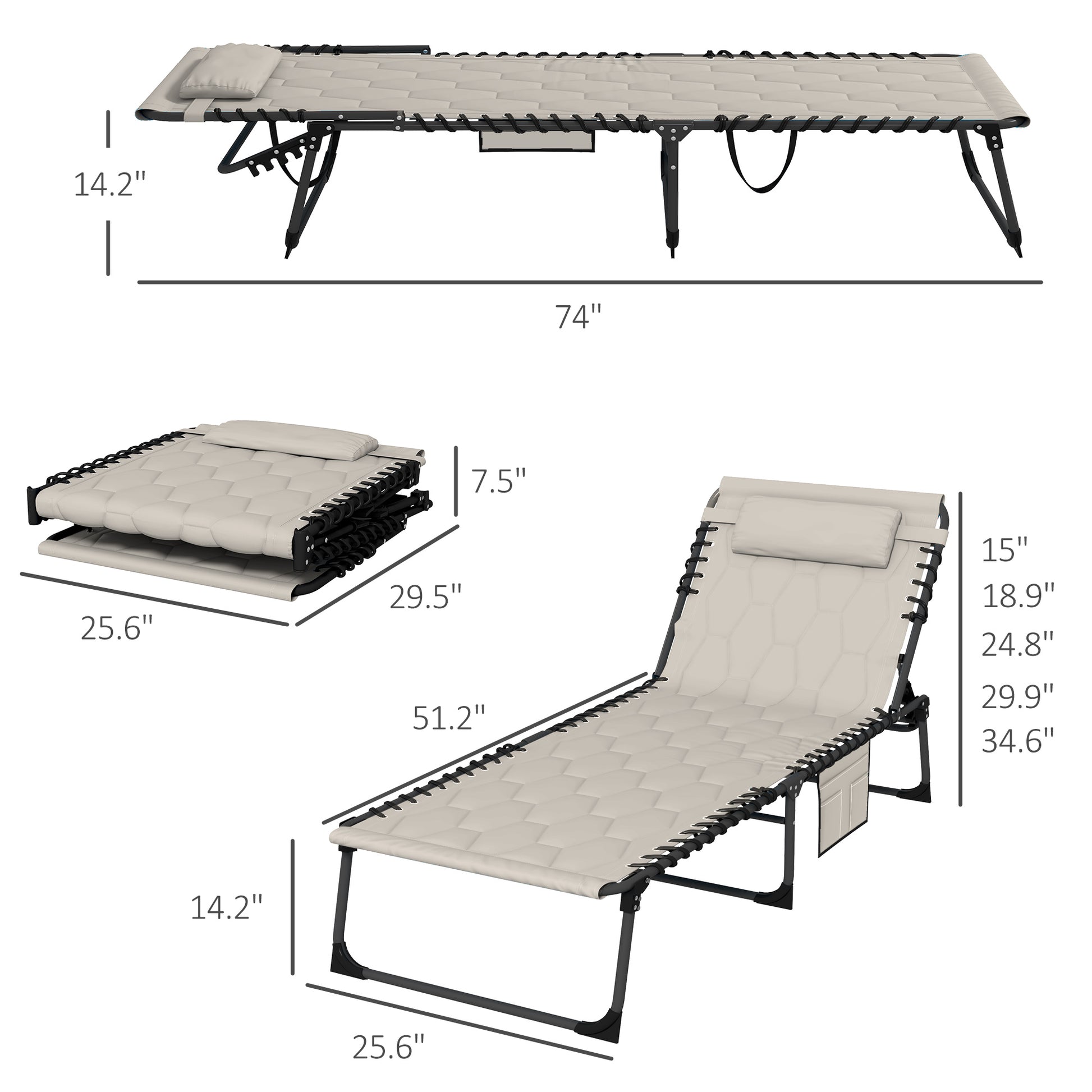 Outsunny Folding Chaise Lounge Set With 5 Level Reclining Back, Outdoor Lounge Tanning Chair With Padded Seat, Side Pocket & Headrest For Beach, Yard, Patio, Khaki Khaki Steel