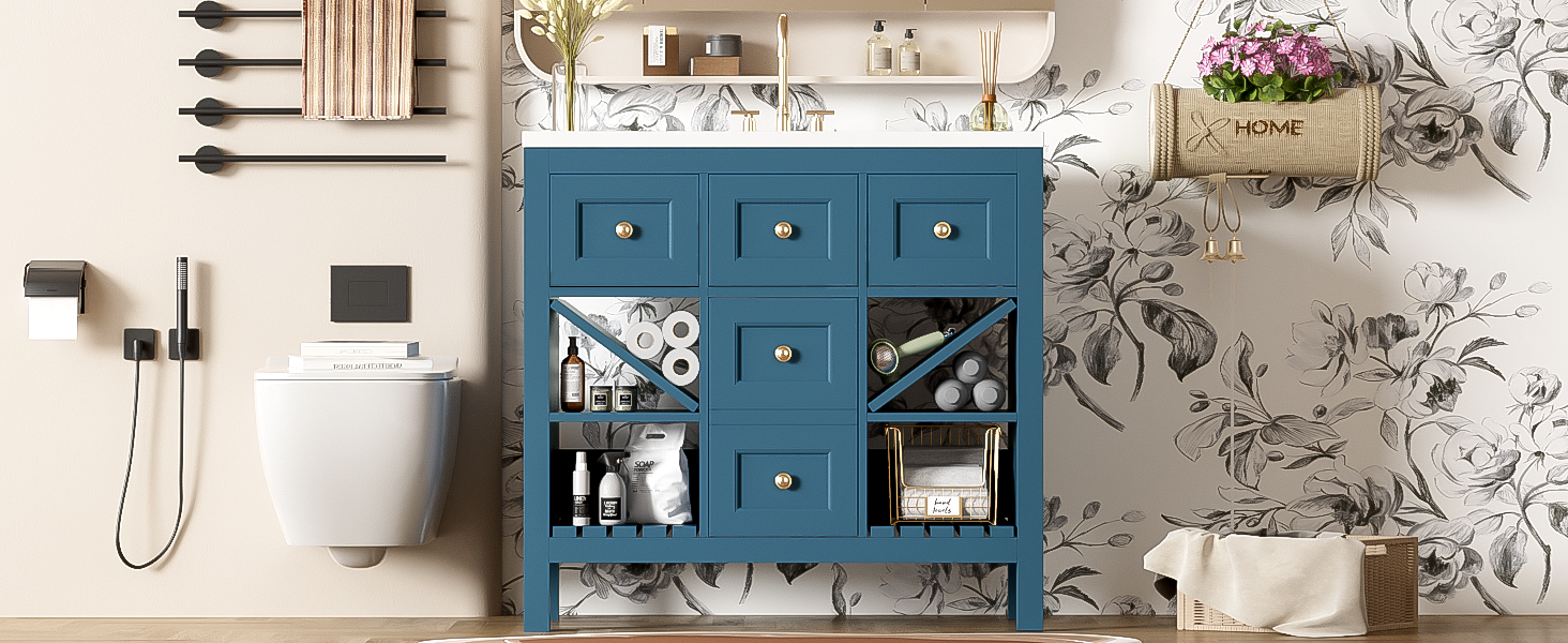 36'' Bathroom Vanity With Resin Sink Combo, Solid Wood Frame Bathroom Storage Cabinet, Freestanding Vanity Set With 5 Drawers& Soft Closing Doors Same As N710S136001C Blue Bathroom Solid Wood Mdf Resin