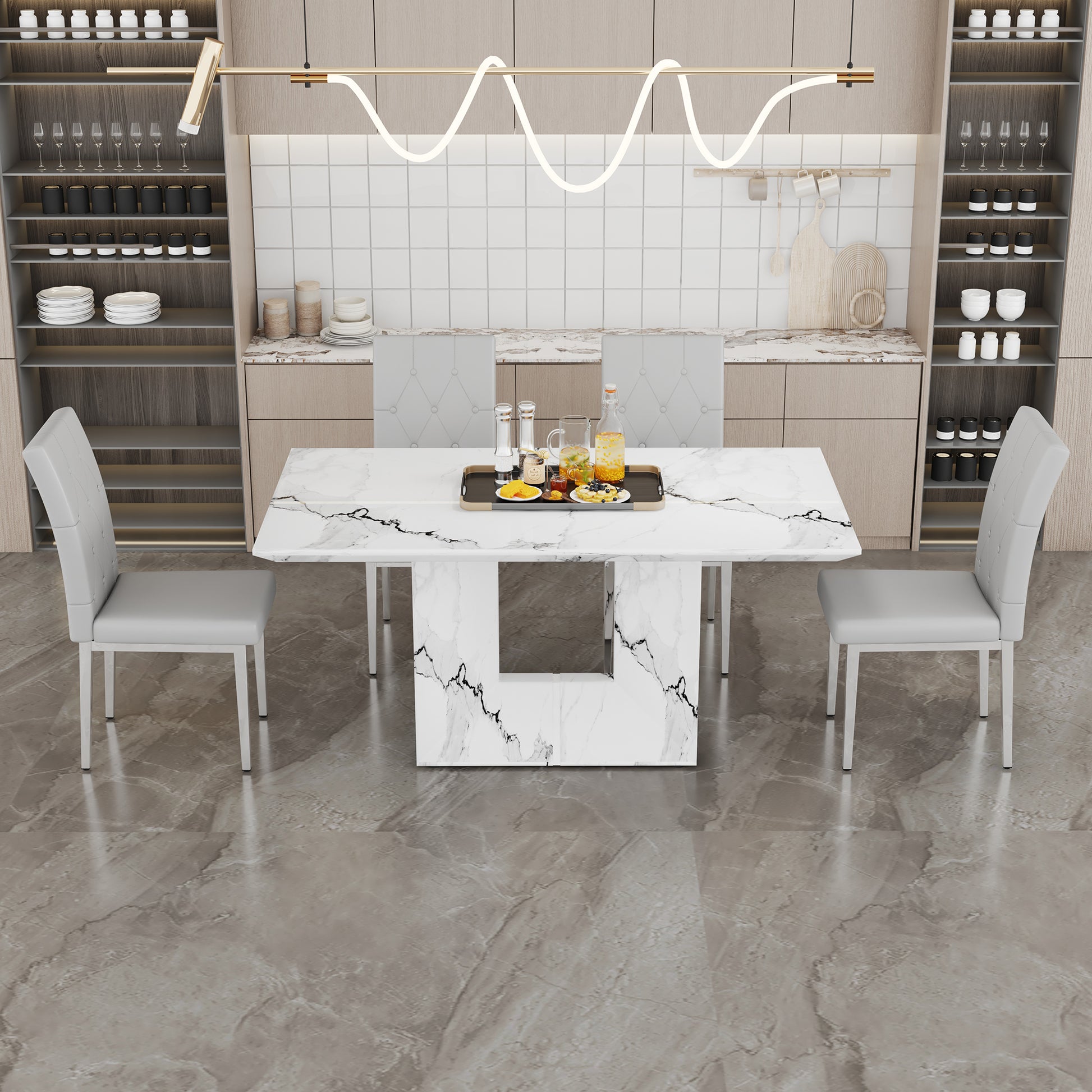 Table And Chair Set.63"X35.4" White Marble Patterned Mdf Dining Table Set With 4 Armless Light Gray Pu Chairs.Showcasing A Modern And Stylish Look. Light Gray,White Seats 4 Mdf Metal