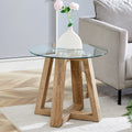 Modern And Practical Round Table. Made Of Clear Tempered Glass Top And Wood Coloured Mdf Material. Suitable For Living Rooms And Bedrooms. Wood Mdf Glass