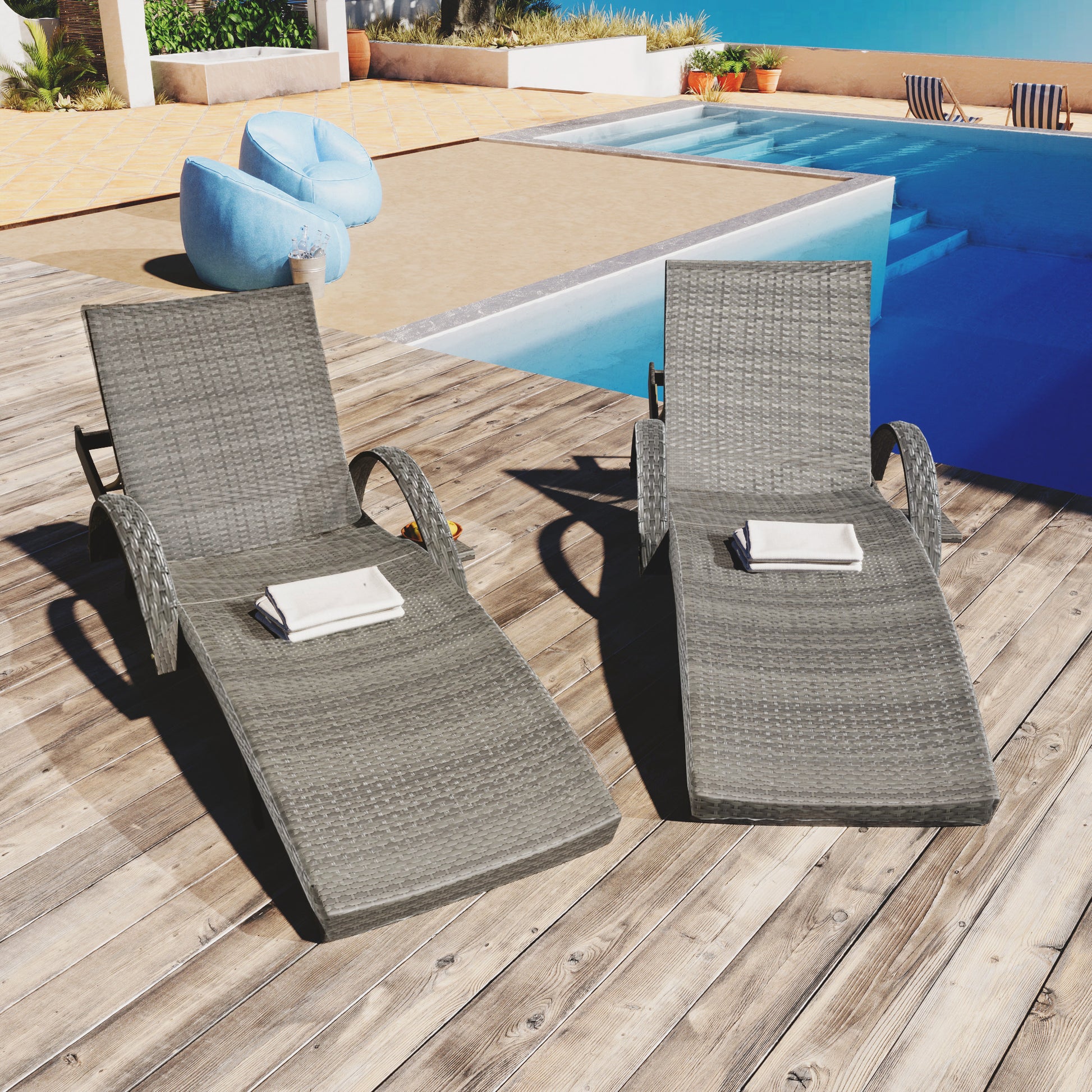 K&K 80'' Outdoor Wicker Chaise Lounge Chairs Set Of 2, Patio Rattan Reclining Chair Pull Out Side Table Adjustable Backrest Ergonomic Wave Design Pool Sunbathing Recliners, Grey No Lounge Grey Seats