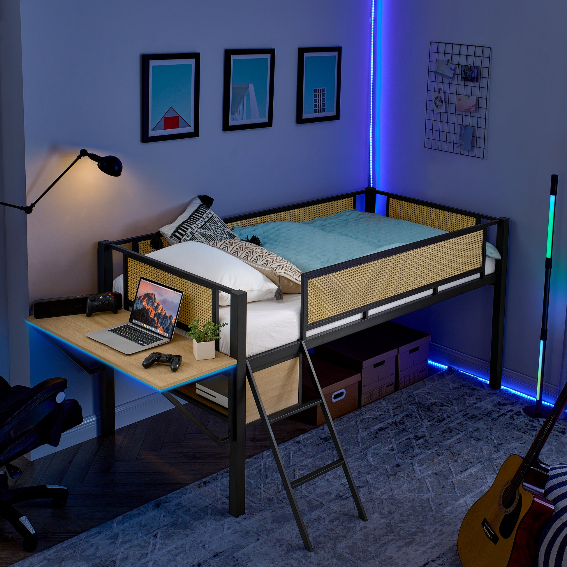 Single Metal Loft Bed With Rectangular Desk, Led Lights, Led Loft Bed Frame Double Bed With Storage Shelves And Hanging Storage Compartments, Safety Guard And Ladder, No Box Springs Required, Rattan G Twin Black Natural Mdf Iron