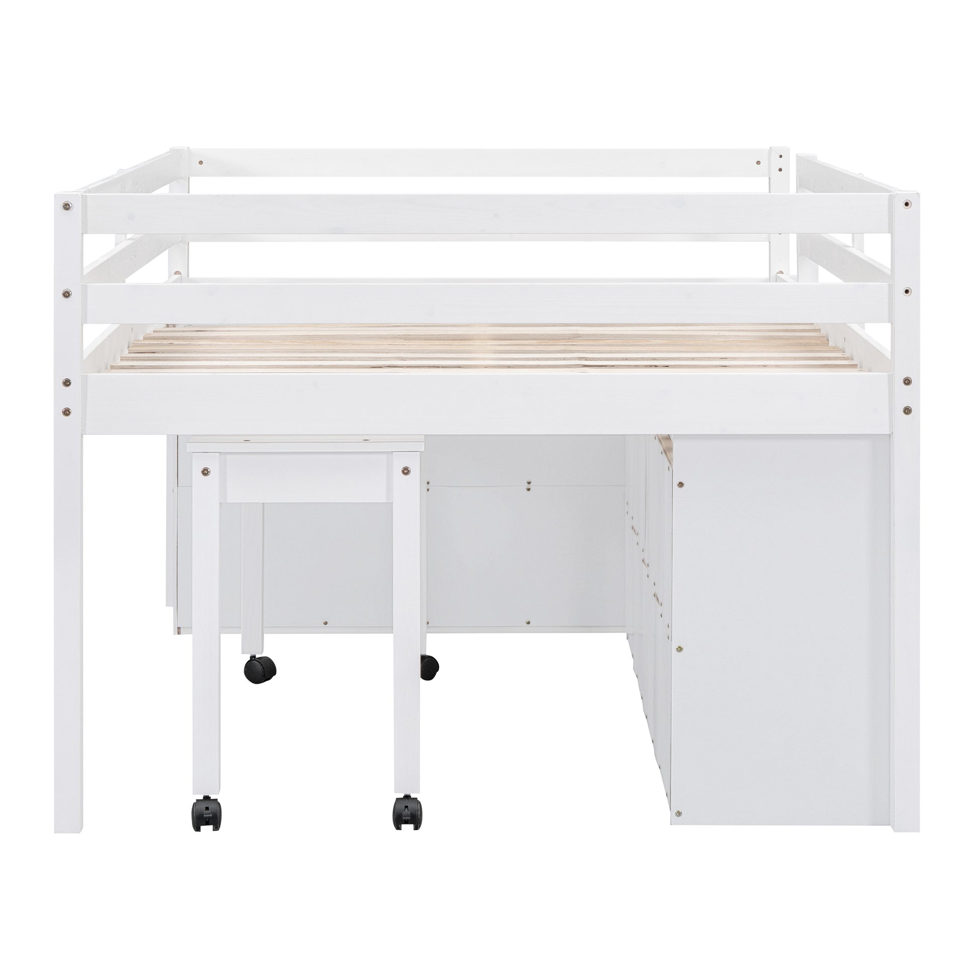 Full Size Loft Bed With Retractable Writing Desk And 4 Drawers, Wooden Loft Bed With Lateral Portable Desk And Shelves, White Full White Solid Wood Mdf