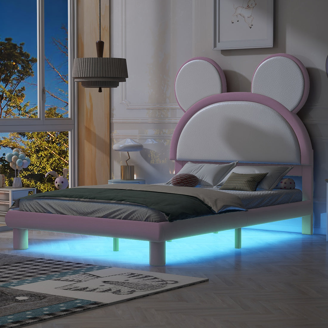 Full Size Upholstered Platform Bed With Cartoon Ears Shaped Headboard And Led, White&Pink Box Spring Not Required Full White Pink Bedroom Bed Frame Faux Leather Upholstered