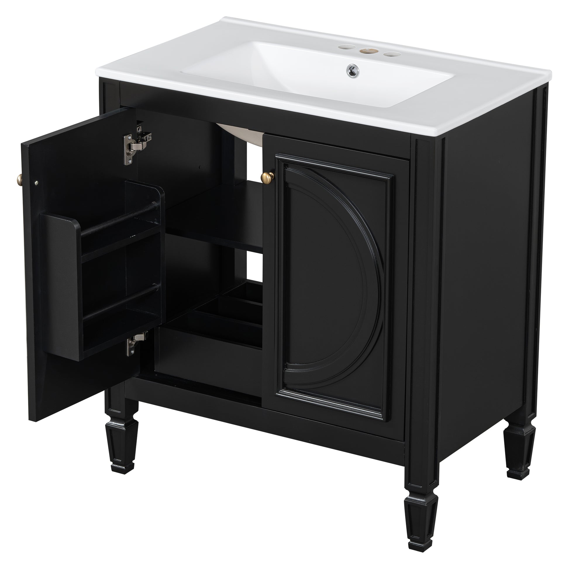 30" Bathroom Vanity With Sink, Two Doors With Shelf, Soft Close Door Hinges, Vintage Style, Black Black Ceramic Mdf,Rubber Wood
