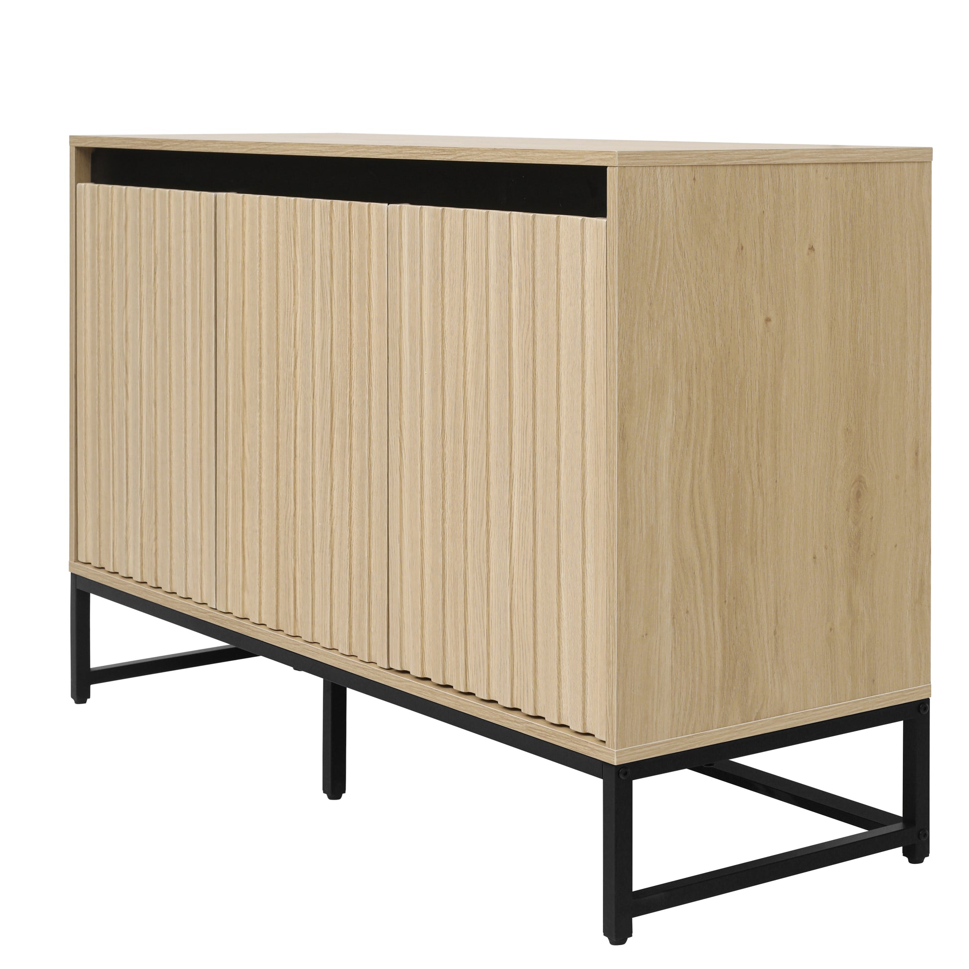 Carved 3 Door Sideboard With Led, Buffet Cabinet Storage Cabinet Modern Coffee Bar Cabinet With Adjustable Shelf For Living Room,Diningroom,Kitchen Natural Modern Particle Board